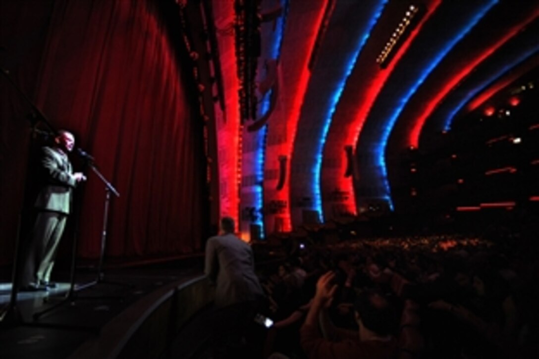 Marine Corps Gen. James E. Cartwright, vice chairman of the Joint Chiefs of Staff, speaks before a “Salute to the Troops” event at Radio City Music Hall in New York City, Nov. 9, 2008. The event featured the Rockettes performing in the famous venue’s annual Christmas Spectacular.