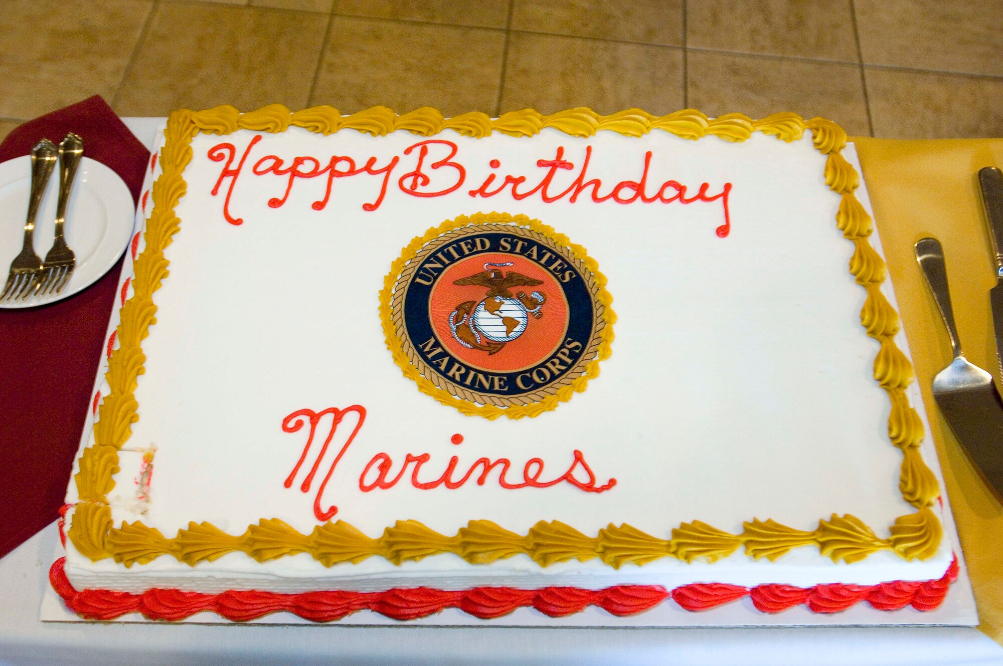 Marines with the Marine Aircraft Group 46 Detachment Bravo here celebrated the service's 233 birthday with a cake-cutting ceremony at Club Murco Nov. 7. Originally founded on Nov. 10, 1775, the Marine Corps was composed mainly of infantrymen serving aboard Navy ships. They were primarily responsible for the security of the ship, offensive and defensive boarding parties. They also helped protect the ship's officers from mutiny. Today, the Marines Corps is an amphibious expeditionary force that also support missions from the White House and the State Department. (Air Force photo by Kevin North)
