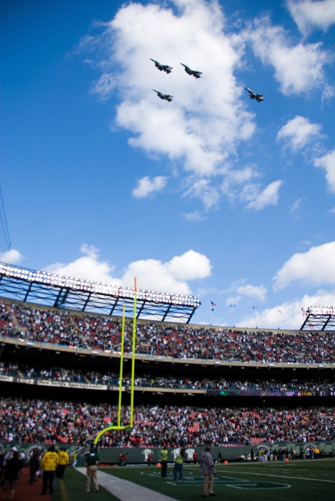 Pilots from the New Jersey Air National Guard's 177th Fighter Wing flew a formation of four F-16 Fighting Falcons over Meadowlands Stadium during the New York Jets military appreciation football game Nov. 9. (U.S. Air Force photo/Master Sgt. Andrew J. Moseley)