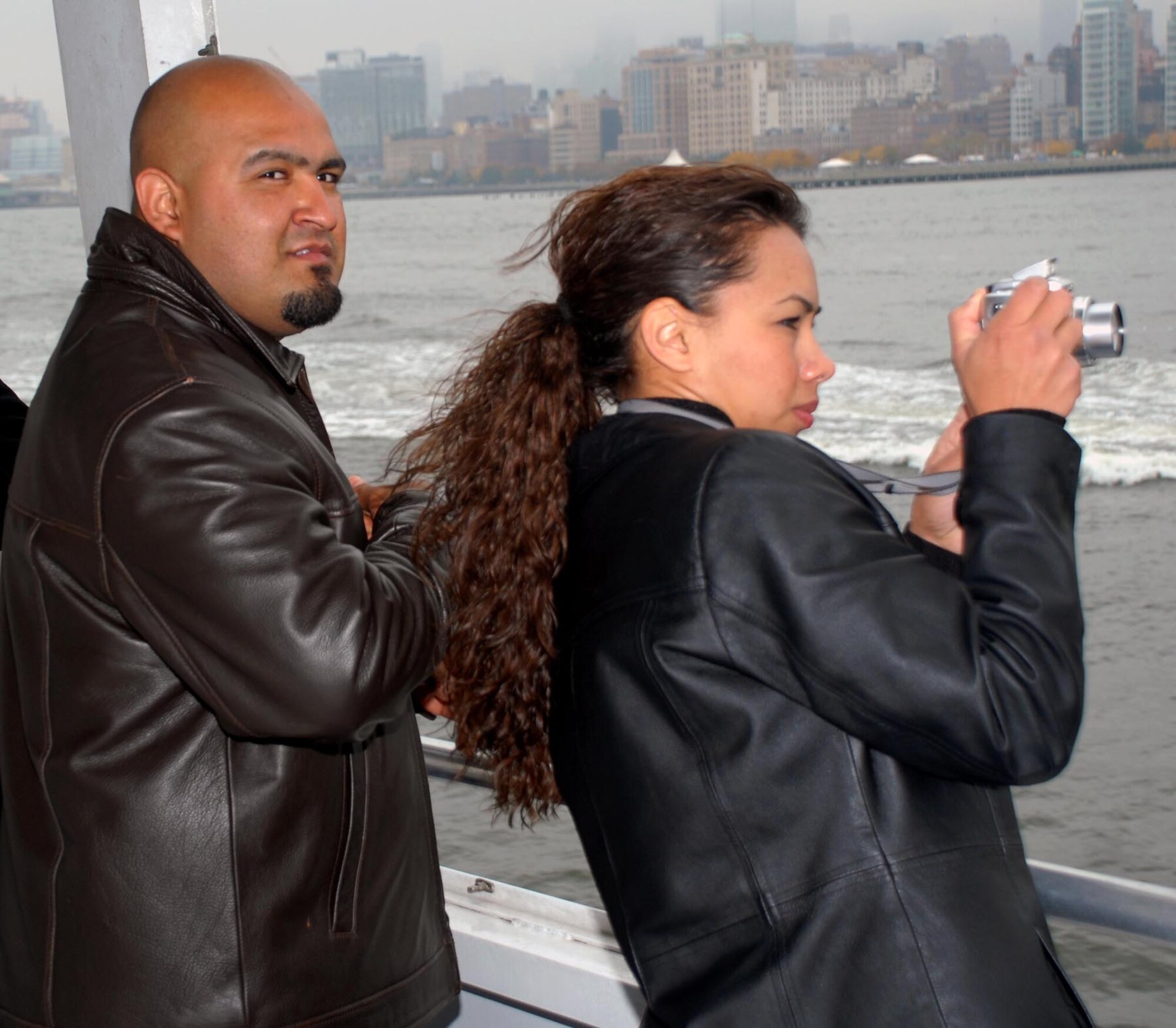 Senior Airman Juan Sandoval and his wife, Martha, take in the skyline of New York's Manhattan Island Nov. 8. The couple was part of a group of wounded warriors and their guests who were in New York for the United Service Organization-Microsoft "A Salute to Our Troops" weekend. (Defense Department photo/Samantha L. Quigley)