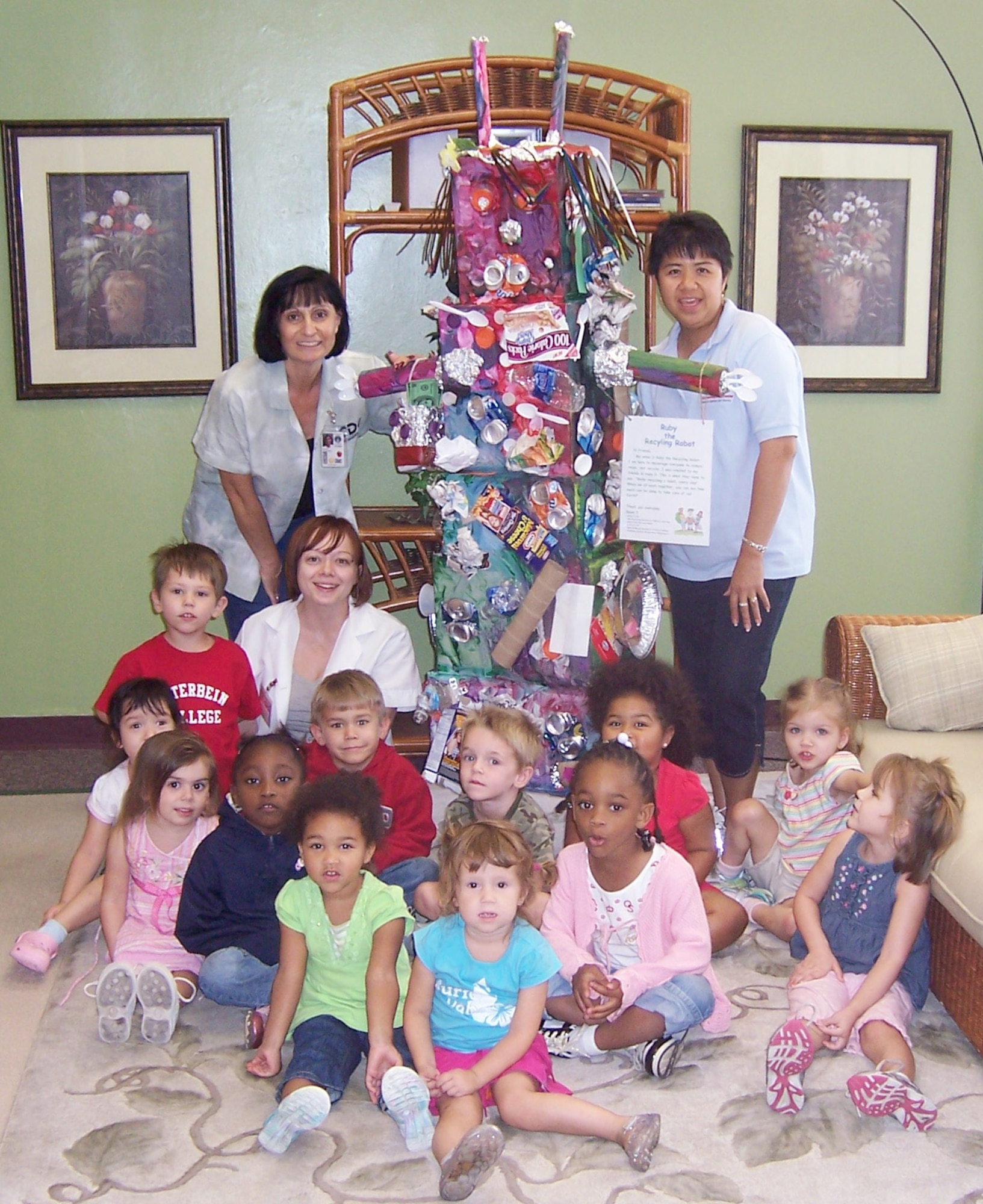EGLIN AIR FORCE BASE, Fla. -- A group of five year old children in the Eglin Child Development Center made this six foot robot entirely out of recyclable materials.  To improve recycling on Eglin, it'll take a level of teamwork epitomized by these children throughout Eglin's workforce./U.S. Air Force photo by Deborah Schoewe