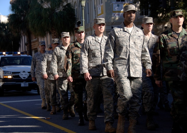 Airmen from Charleston AFB march in formation during the Veterans Day parade in downtown Charleston Nov.9. Retirees, active-duty members and former prisoners of war from all branches of the armed forces joined together to celebrate Veterans Day. (U.S. Air Force photo/Senior Airman Timothy Taylor)

