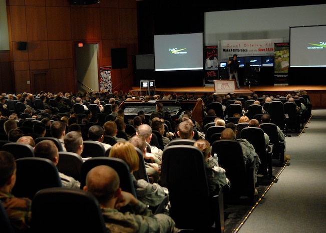 Brian Beldyga speaks to Team Charleston during the Save A Life Tour presentation at the base theater Nov. 7. The presentation included a drunk driving simulator and a 12-minute video with graphic scenes to show the reality and severity of drunk driving consequences. Mr. Beldyga is the senior manager of the Save A Life Tour. (U.S. Air Force photo/Airman 1st Class Katie Gieratz) 