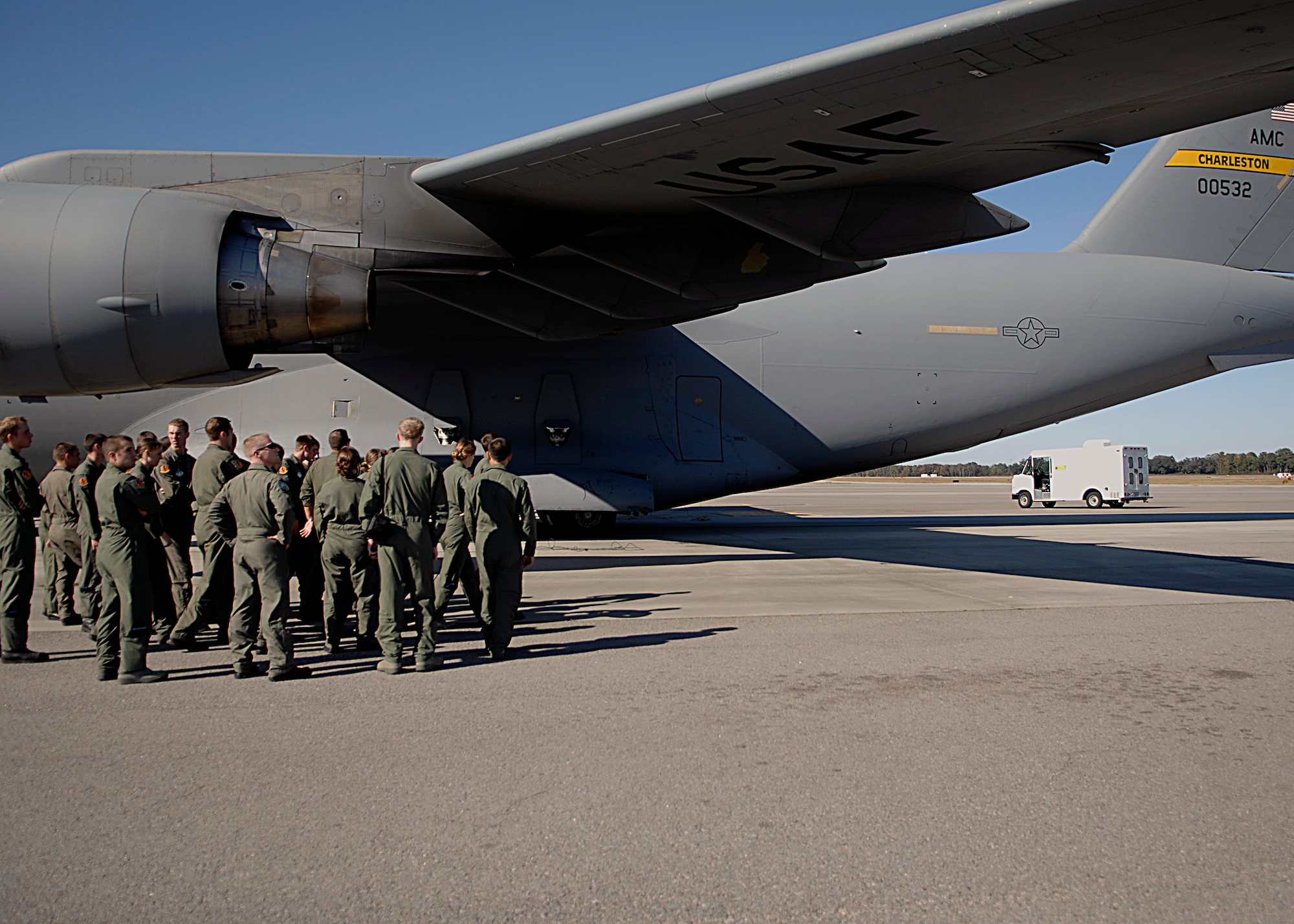 Air Force Academy cadets learn about the features of a C-17 during a tour of Charleston AFB Nov. 8. Cadets toured the base to learn more about the operational Air Force mission. (U.S. Air Force photo/Airman 1st Class Katie Gieratz)