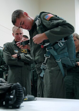 Cadet 3rd Class Michael Jansen tries on a parachute at Aircrew Flight Equipment on Charleston AFB Nov. 8. Cadets toured the base to learn more about the operational Air Force mission. Cadet Jansen is a student at the Air Force Academy. (U.S. Air Force photo/Airman 1st Class Katie Gieratz)