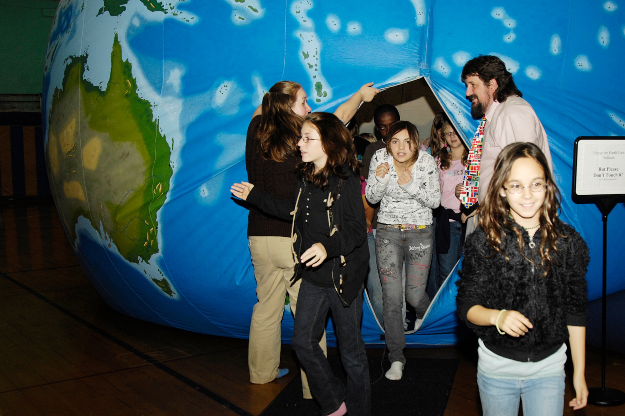 HANSCOM AIR FORCE BASE, Mass. – Hanscom Middle School students had a unique opportunity to learn about the Earth from the inside out during a visit from the Earth Balloon on Nov. 7. The Earth Balloon is a 20’ inflatable globe that students enter, once inside they have the opportunity to learn about and explore how the earth works. (U.S. Air Force photo by Linda LaBonte Britt)