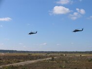 MOODY AIR FORCE BASE, Ga.—Two HH-60G Pave Hawk helicopters from the 41st Rescue Squadron fly over Grand Bay Range during a combat search and rescue demonstration here Nov. 7.  The exercise demonstrated the capabilities of the current Flying Tigers. (U.S. Air Force photo by Staff Sgt. Robin Stanchak)