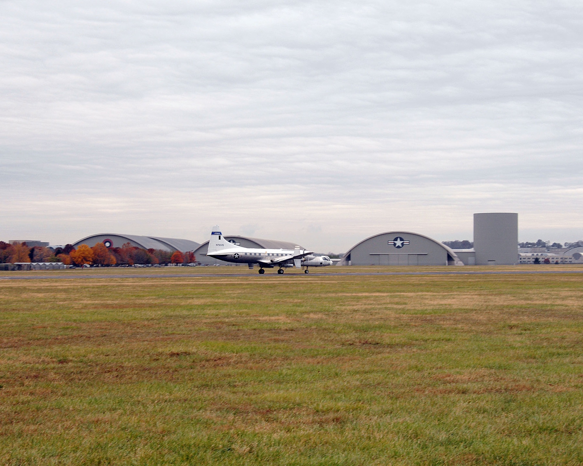 DAYTON, Ohio - The Convair NC-131H Total In-Flight Simulator (TIFS), a very unique aircraft created to perform research for the U.S. Air Force, lands on the back field of the National Museum of the U.S. Air Force on Nov. 7, 2008. (U.S. Air Force photo by Ben Strasser)