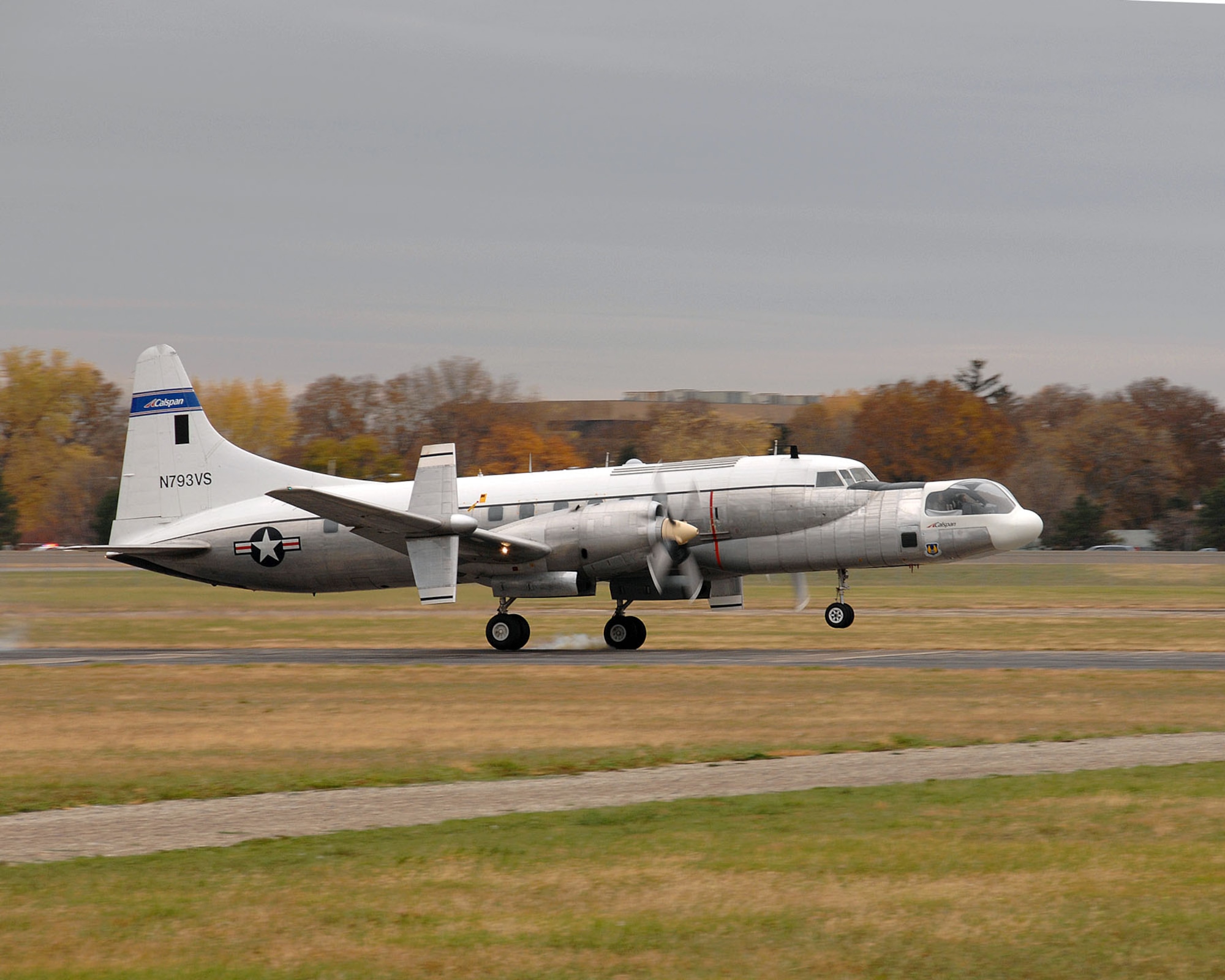 DAYTON, Ohio - The Convair NC-131H Total In-Flight Simulator (TIFS), a very unique aircraft created to perform research for the U.S. Air Force, lands on the back field of the National Museum of the U.S. Air Force on Nov. 7, 2008. (U.S. Air Force photo by Ben Strasser)