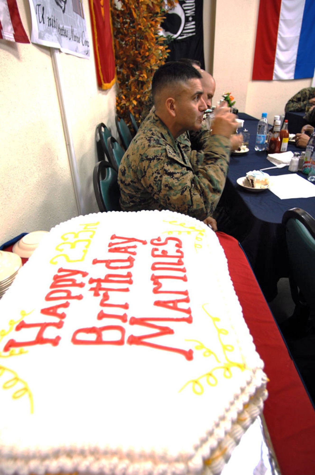 Marine Master Sgt. Pete Delarosa enjoys some food at the Ala Too Dining Facility during a celebration of the Marine Corps' 233rd birthday at Manas Air Base, Kyrgyzstan, Nov. 10. The group of 30 Marines deployed from the 3rd Marine Division, Okinawa, are en route to support Operation Enduring Freedom. (U.S. Air Force photo/Tech. Sgt. Michael Voss)