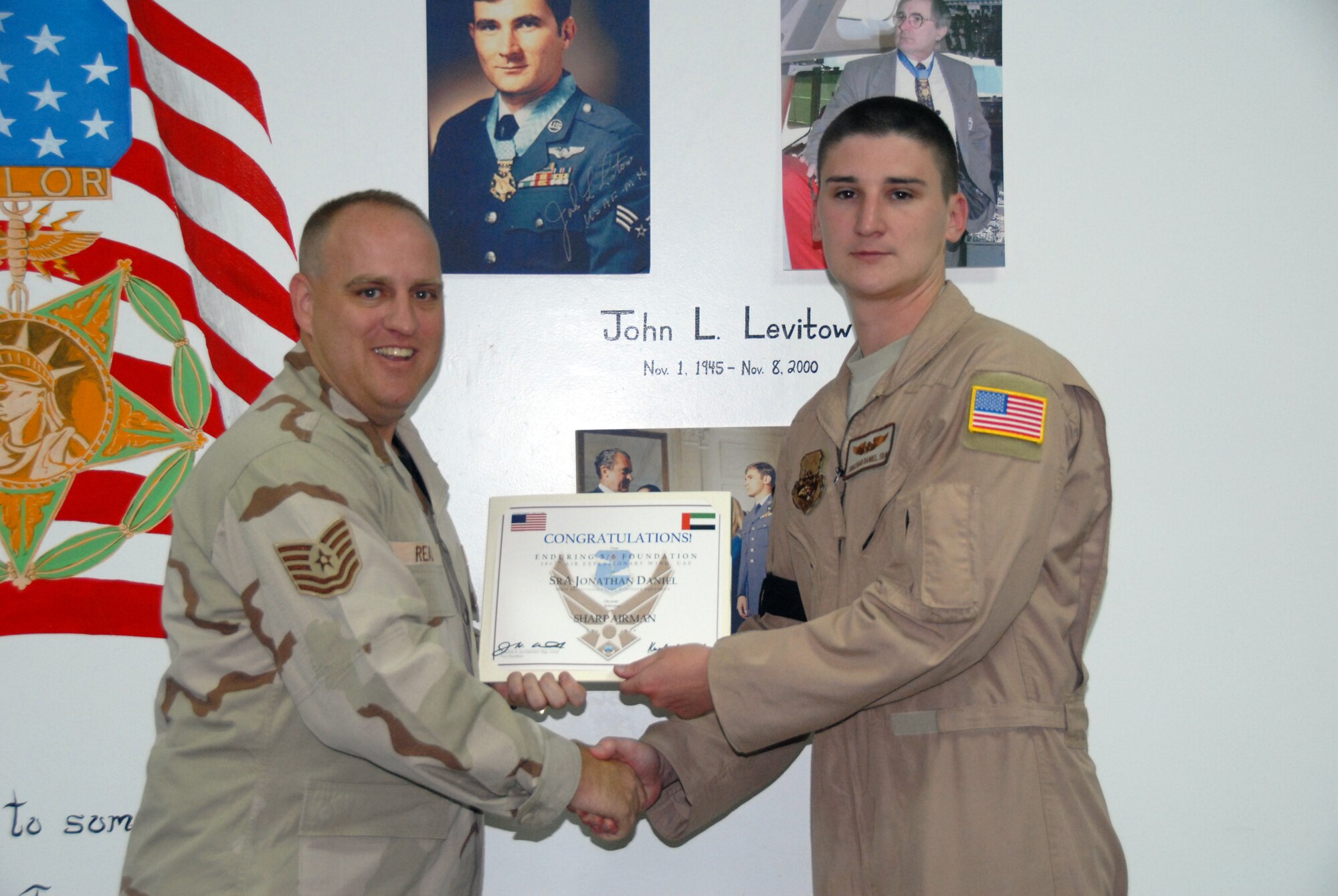 Senior Airman Jonathan Daniel received the Enduring 5/6 Foundation Sharp Airman Award for June for his hard work and enthusiasm. Photo courtesy of Airman First Class Kelly LeGuillon.