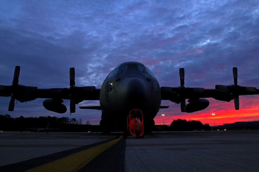It's time to start another day on the Ramstein Air Base flight line, Germany, Nov. 10, 2008. Several C-130 Hercules aircraft have been prepped for the days missions to come. The Ramstein flight line is one of the busiest flight lines in United States Air Forces in Europe. (U.S. Air Force photo Airman 1st Class Kenny Holston)