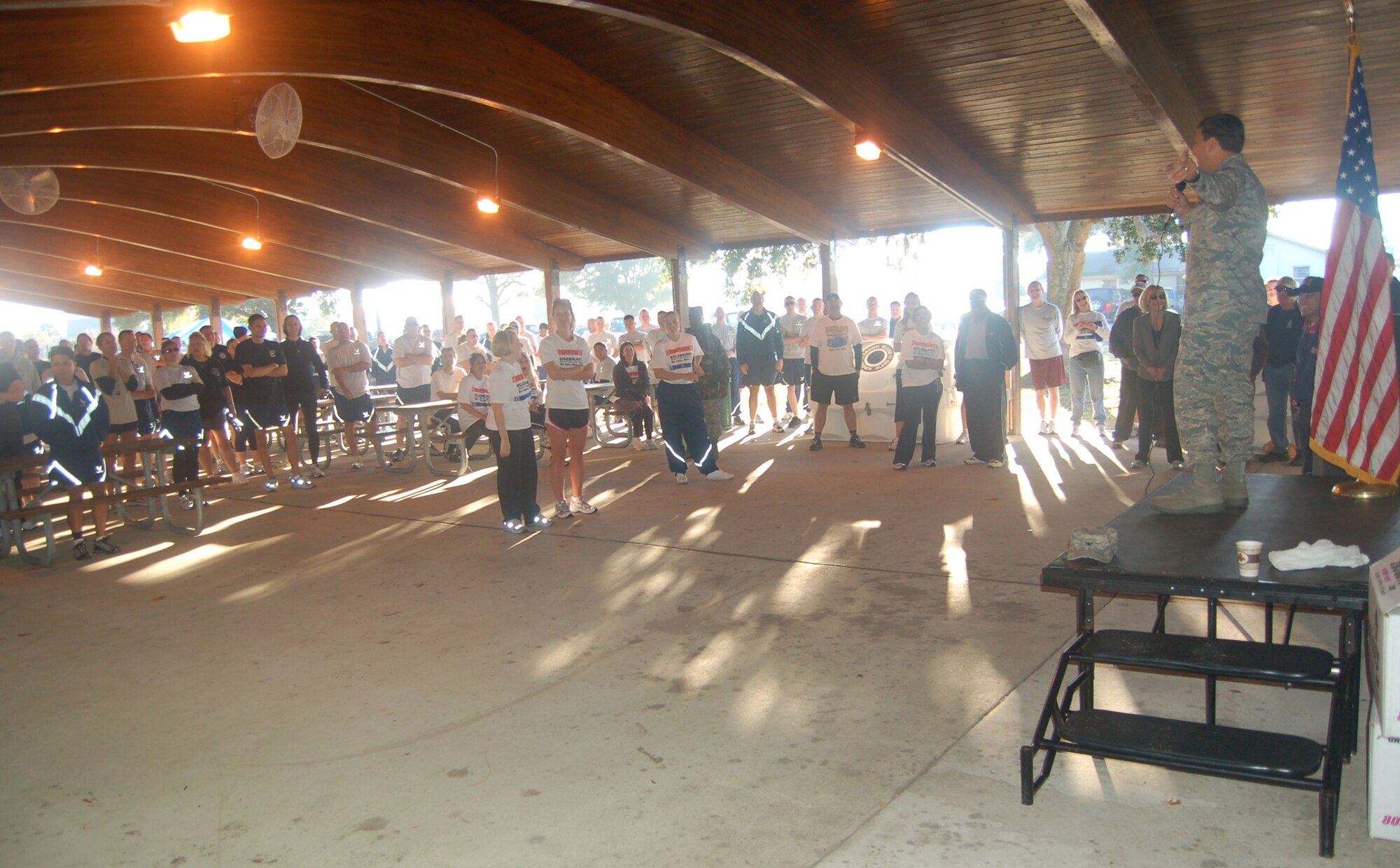 EGLIN AIR FORCE BASE, Fla. -- Col. Rick LoCastro, 96th Air Base Wing vice commander, speaks to a crowd of approximately 200 airmen and civilians on the importance of recycling moments before the start of Eglin?s first America Recycles Day 5K Fun Run event Nov. 5.  America Recycles Day, Nov. 15, is the only nationally recognized day dedicated to encouraging Americans to recycle and to buy recycled products./U.S. Air Force photo by Jerron Barnett 