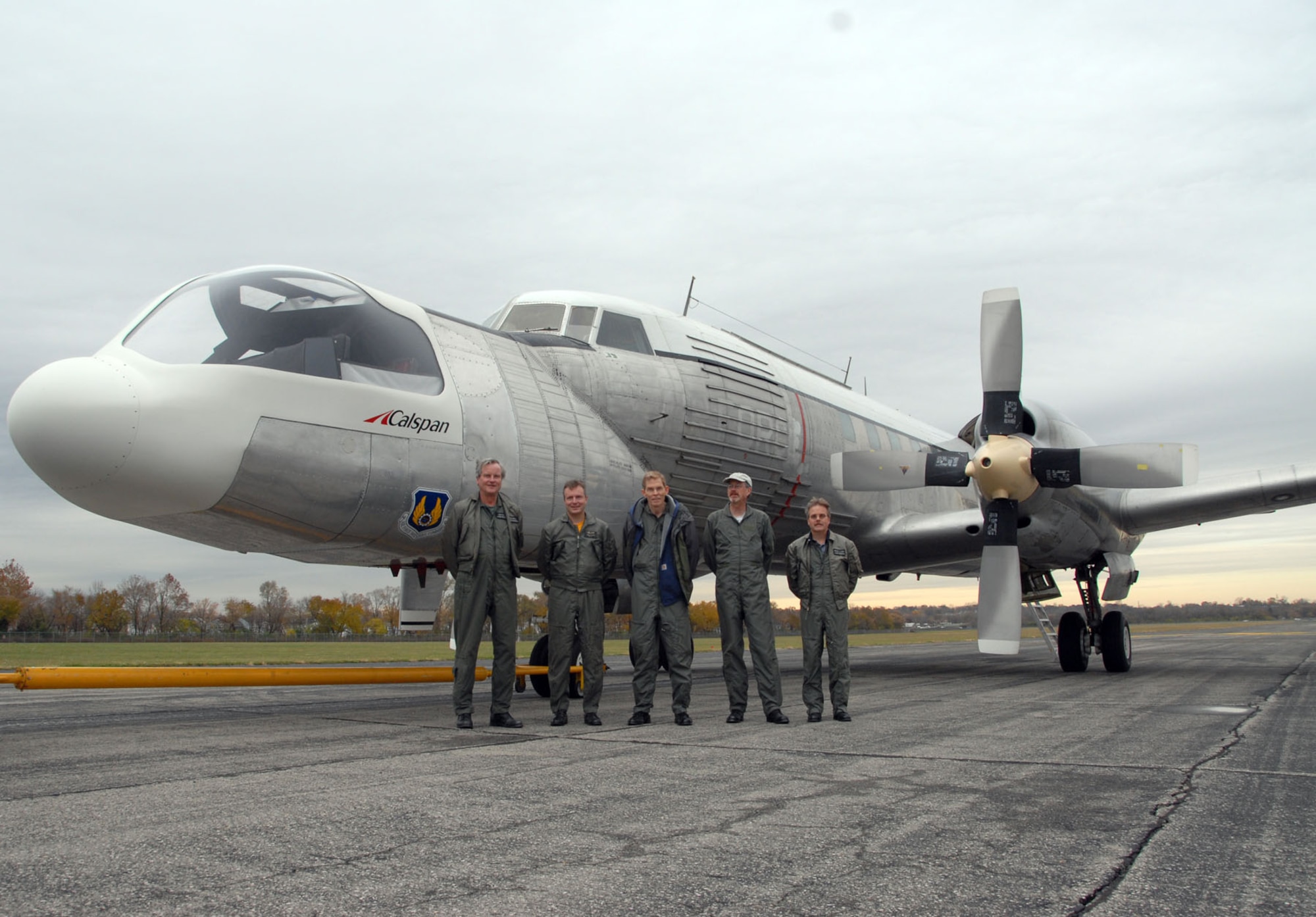 DAYTON, Ohio - The crew of the Convair NC-131H Total In-Flight Simulator (TIFS), a very unique aircraft created to perform research for the U.S. Air Force, stands in front of the aircraft just after landing at the National Museum of the U.S. Air Force on Nov. 7, 2008. (U.S. Air Force photo)