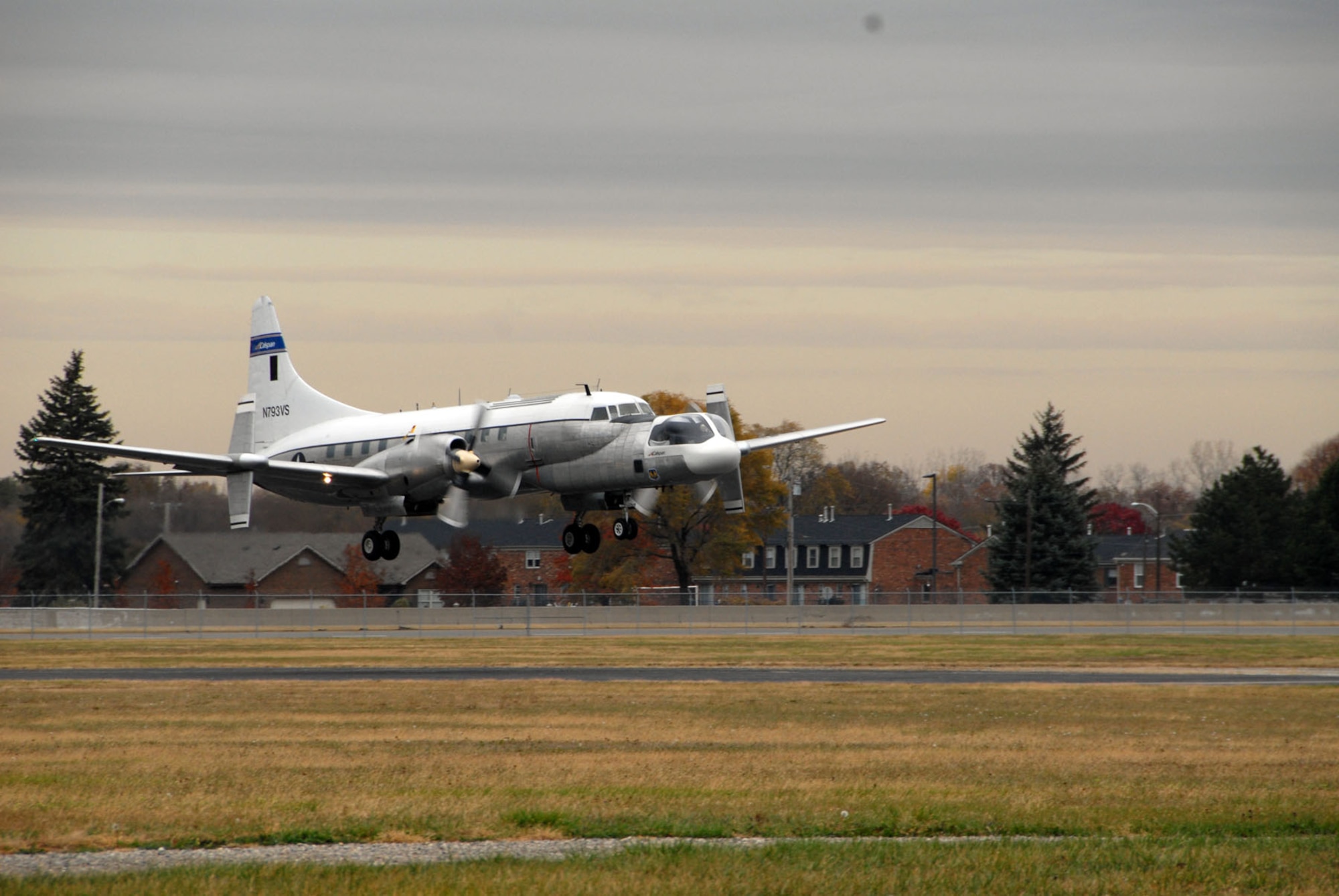 DAYTON, Ohio - The Convair NC-131H Total In-Flight Simulator (TIFS), a very unique aircraft created to perform research for the U.S. Air Force, lands on the back field of the National Museum of the U.S. Air Force on Nov. 7, 2008. (U.S. Air Force photo)