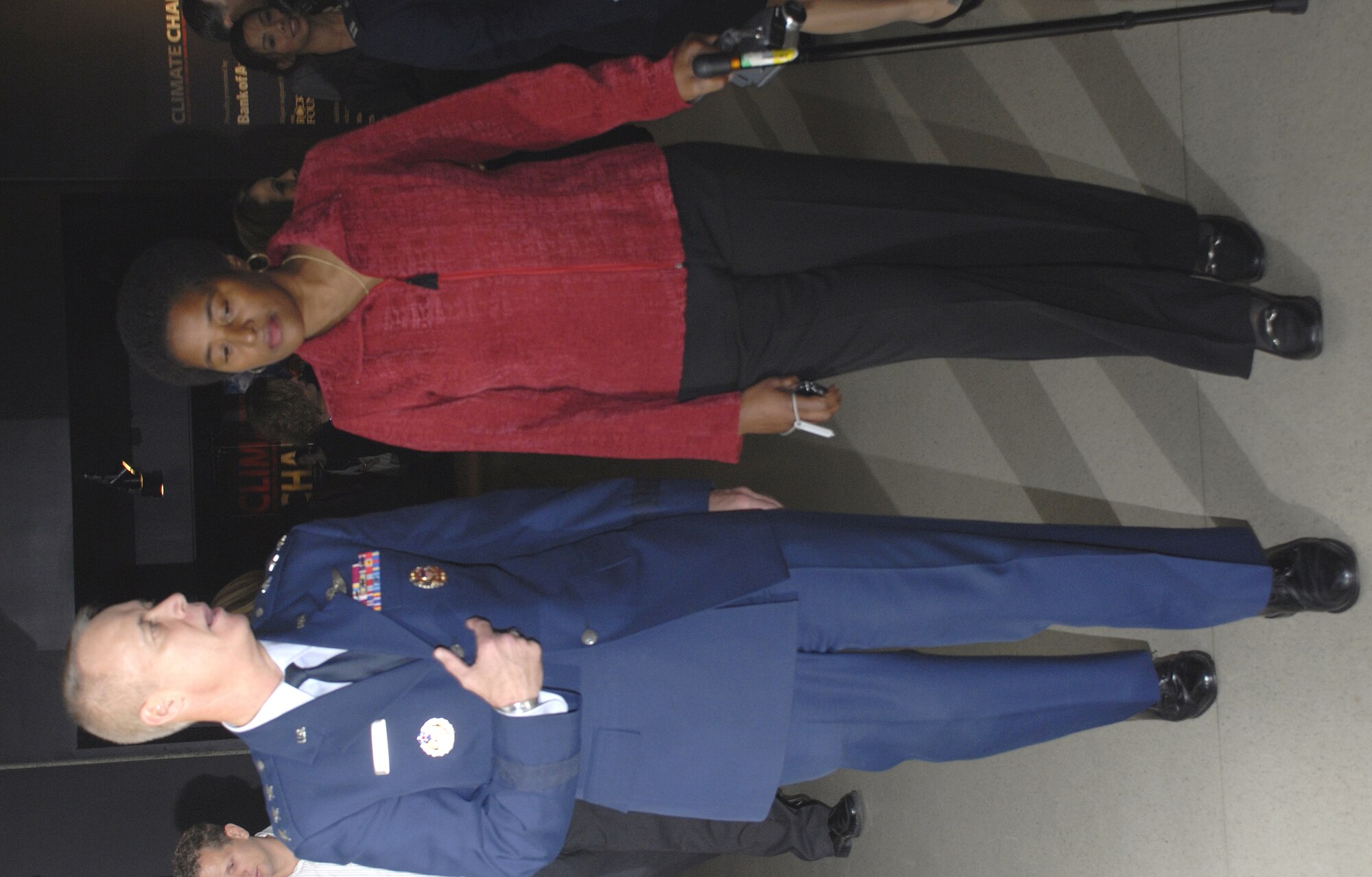 Lt. Gen. Dick Newton, deputy chief of staff for manpower and personnel at Air Force Headquarters, talks with Chief Master Sgt. Sandy Ware, during this year's United Service Organizations' "Salute to Our Troops" event in New York City. Chief Ware was medically evacuated from Balad Air Base, Iraq, in August 2007 for a non-combat related medical condition and is currently receiving treatment at Walter Reed Army Medical Center in Washington, D.C. Twenty-five wounded warriors from Walter Reed and the National Naval Medical Center in Bethesda, Md., attended the three-day event which culminated in a dinner at the American Museum of Natural History. (U.S. Air Force photo/Staff Sgt. Monique Randolph)