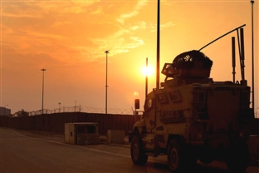A Mine Resistant Ambush Protected vehicle, MRAP, sits outside the Contingency Operating Base Basra, Iraq, Nov. 4, 2008.