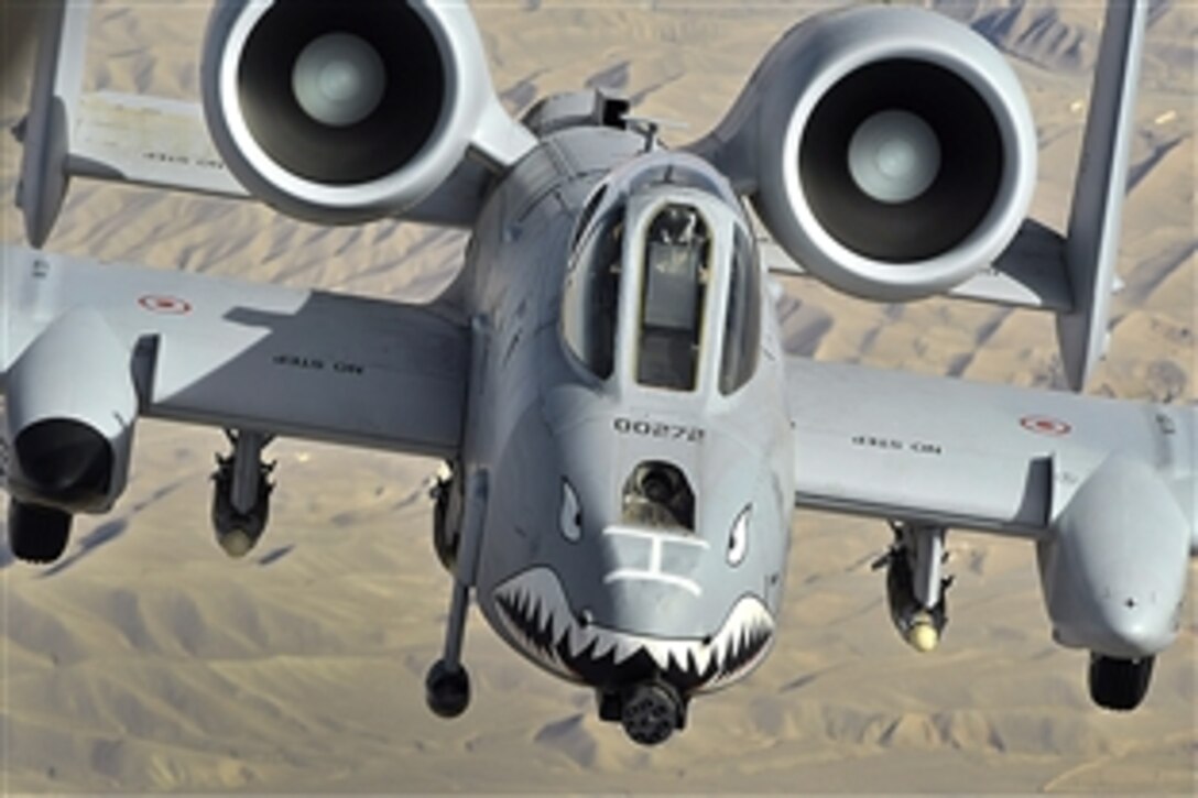 An A-10 Thunderbolt II flies a close-air-support mission over Afghanistan, Nov. 7, 2008. The A-10 has excellent maneuverability at low air speeds and altitude, and is a highly accurate weapons-delivery platform.