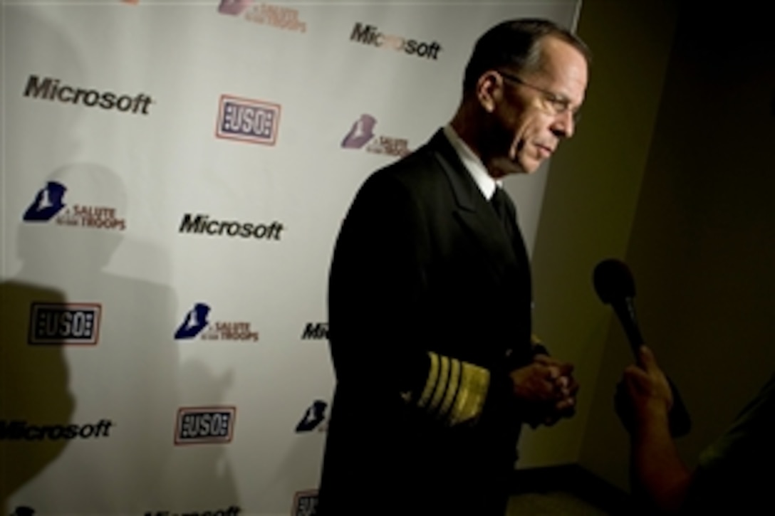 U.S Navy Adm. Mike Mullen, chairman of the Joint Chiefs of Staff speaks to the media prior to attending the USO Salute to Our Troops Gala, American Museum of Natural History, New York, N.Y., Nov. 8, 2008.  Sponsored by Microsoft and the Metropolitan New York and the USO of Metropolitan Washington, D.C., the Veterans Day weekend events aims to recognize and thank the military community for their service.
