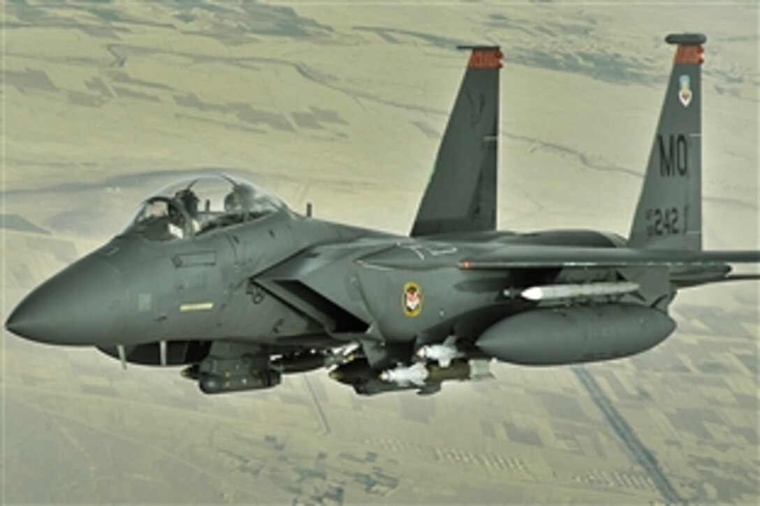 An F-15E Strike eagle conducts a mission over Afghanistan, Nov. 7, 2008. The F-15E Strike Eagle is a dual-role fighter designed to perform air-to-air and air-to-ground missions.