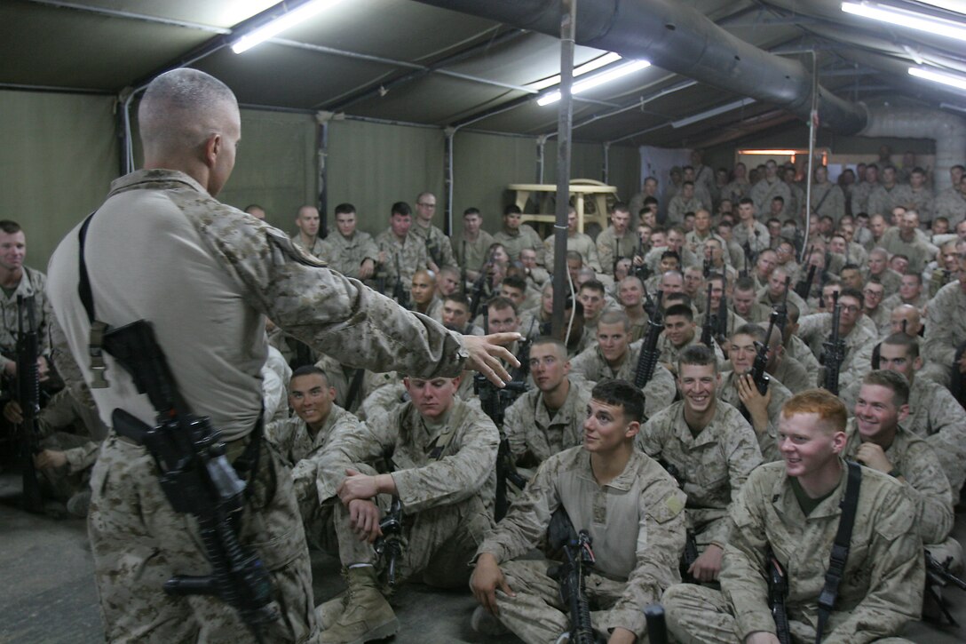 Lt. Col. Andrew Milburn, commanding officer, Task Force 1st Battalion, 3rd Marine Regiment, Regimental Combat Team 1, speaks to Marines of Company B, 1st Bn., 3rd Marines, during their observance of the Marine Corps’ 233rd birthday in Karmah, Iraq, Nov. 10.