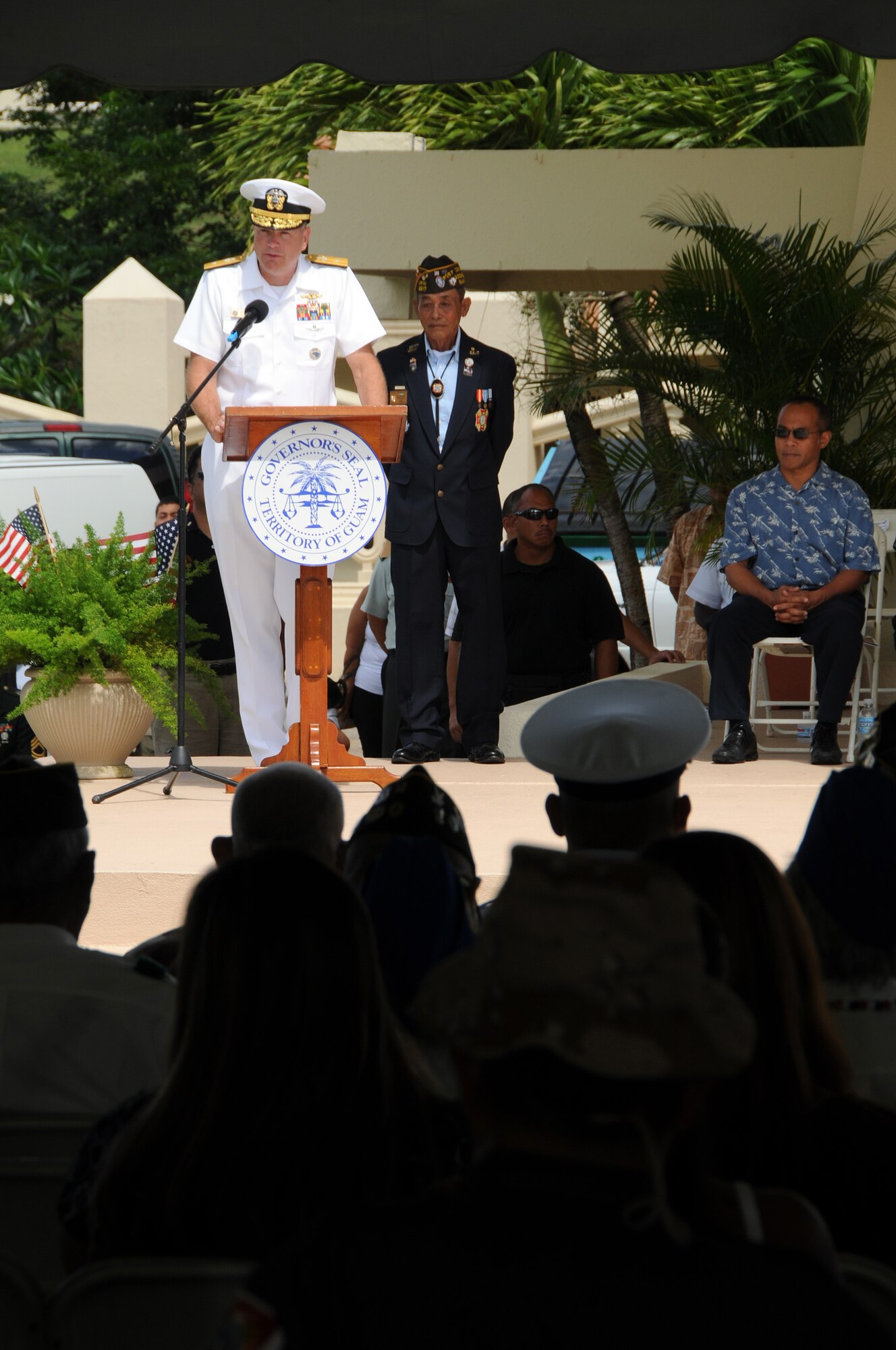 ANDERSEN AIR FORCE BASE, Guam - Rear Adm.William French speaks during the the Veterans Day Ceremony at the Ricardo J. Bordallo Governors Complex in Adelup, Guam Nov. 11. Our most important responsibility is that we must never forget those willing to serve. We must never forget those willing to fight. And we must never forget those willing to die was the main focus of Admiral French's speech.(U.S. Air Force photo by Airman 1st Class Courtney Witt)
