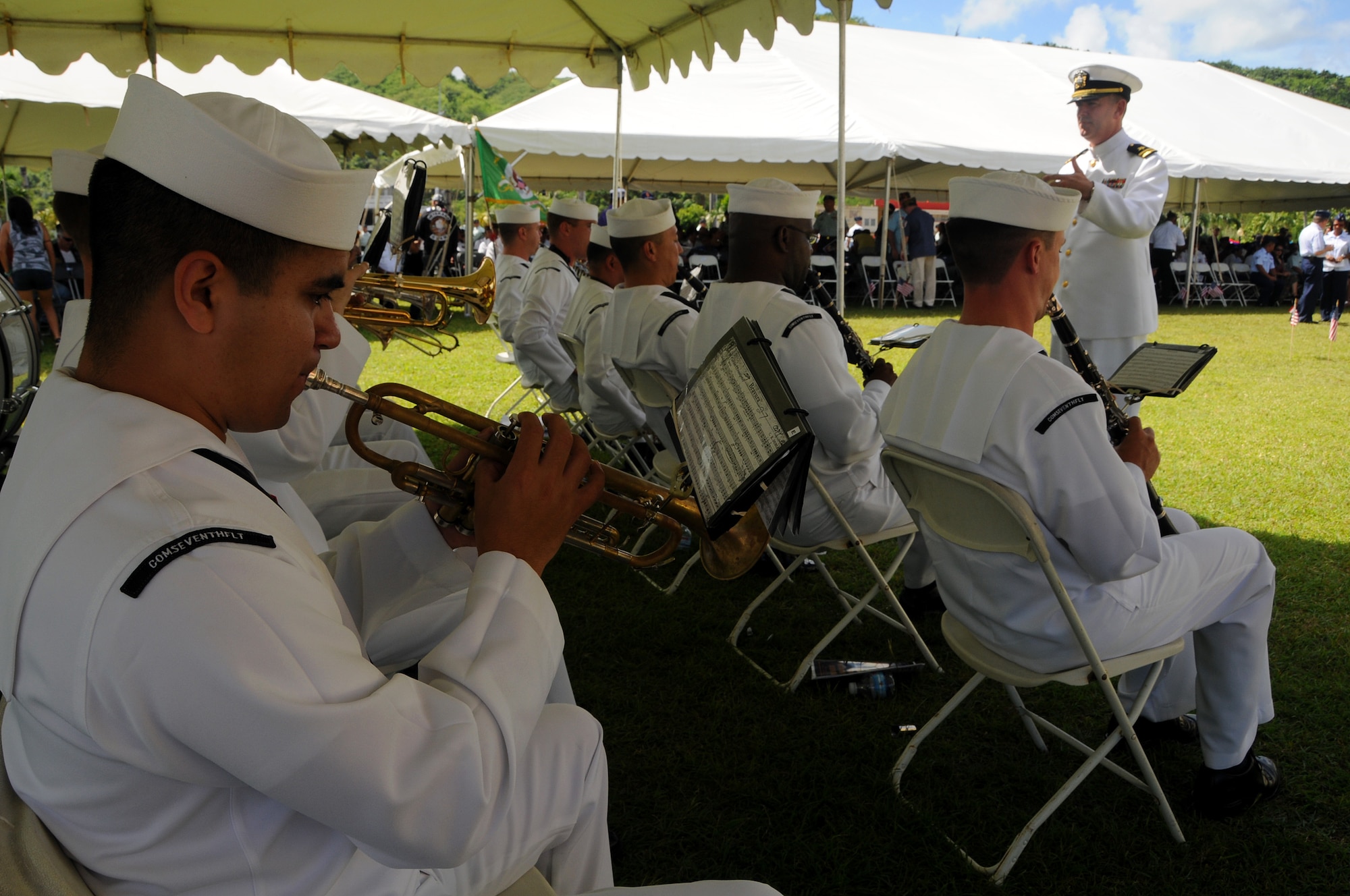 ANDERSEN AIR FORCE BASE, Guam - The United States Navy Seventh Fleet Band kicks of the Veterans Day Ceremony at the Ricardo J. Bordallo Governors Complex in Adelup, Guam Nov. 11. Branches both active and retired attended the ceremony (U.S. Air Force photo by Airman 1st Class Courtney Witt)
 
