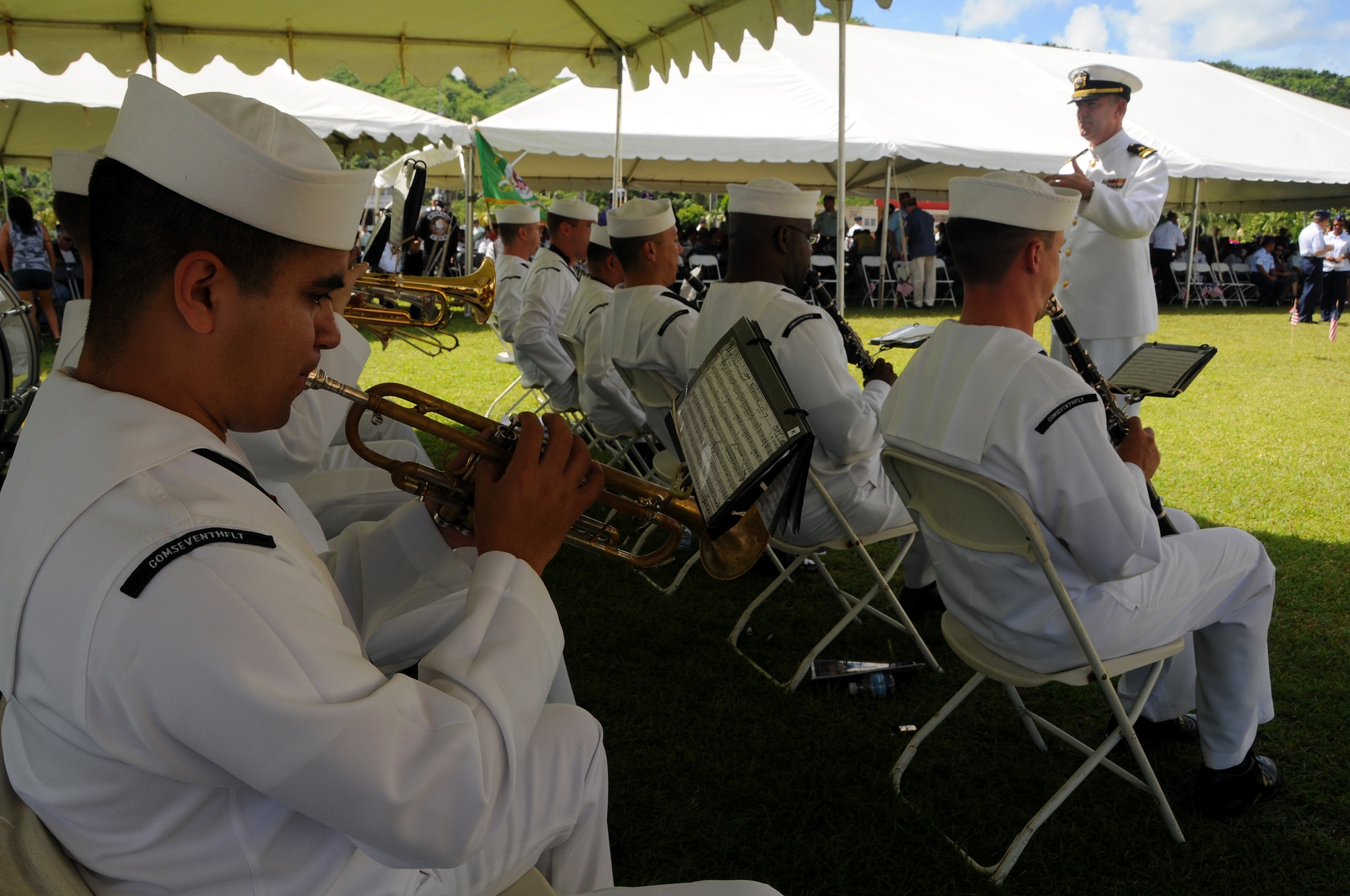 ANDERSEN AIR FORCE BASE, Guam - The United States Navy Seventh Fleet Band kicks of the Veterans Day Ceremony at the Ricardo J. Bordallo Governors Complex in Adelup, Guam Nov. 11. Branches both active and retired attended the ceremony (U.S. Air Force photo by Airman 1st Class Courtney Witt)
 