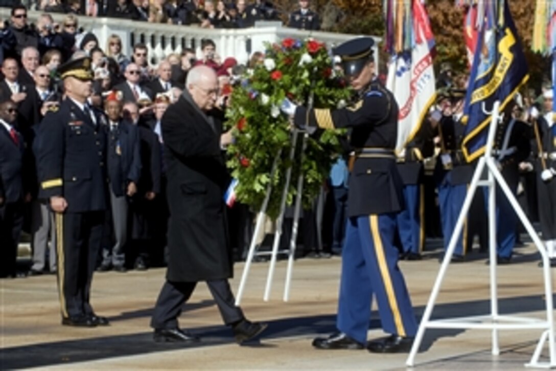 Vice President Richard B. Cheney places a wreath at the Tomb of the Unknowns during a Veterans Day Ceremony in Arlington National Cemetery, Va., Nov. 11, 2008.