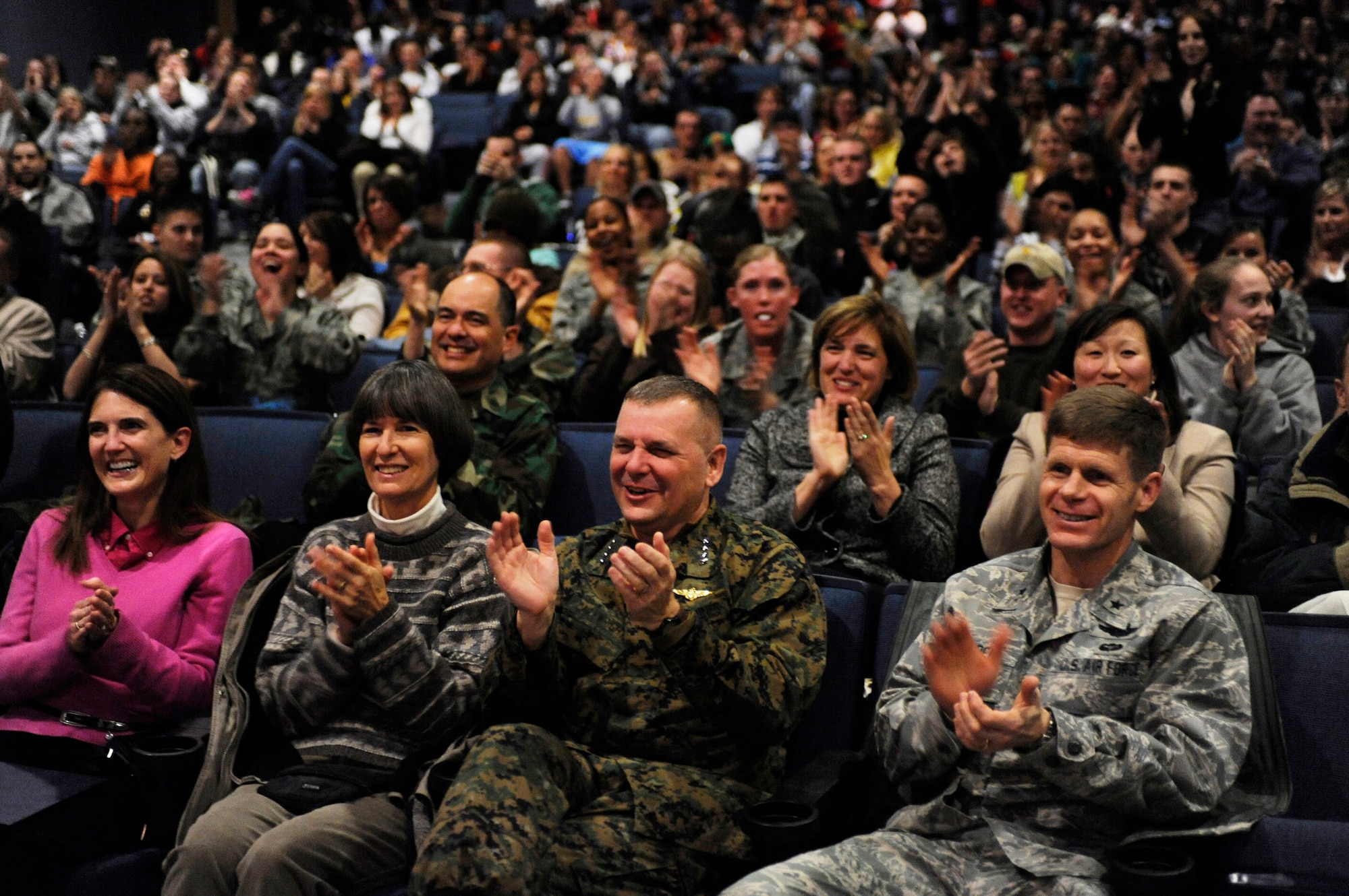 U.S. Marine Gen. James E. Cartwright, left, vice chairman of the Joint Chiefs of Staff, and Brig. Gen. Mark Graper, 354th Fighter Wing commander, among many other audience members, enjoy the show provided by United Services Organizations Nov. 10, 2008, at Eielson Air Force Base, Alaska. The USO tour visited several Alaska bases, including Eielson, Fort Greeley, Fort Wainwright and Clear Air Station.  (U.S. Air Force photo/Senior Airman Jonathan Snyder) (Released)