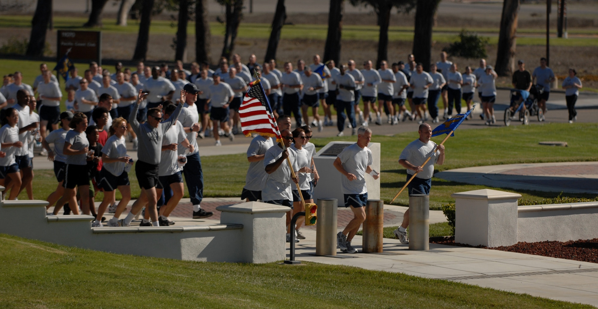 VANDENBERG AIR FORCE BASE, Calif. --  Lt. Gen. William Shelton, the commander of the 14th Air Force and Joint Component Command for Space, leads runners from Team Vandenberg during the last mile of "A Run to Remember." A Run to Remember reached the finish line at 11 a.m. Nov. 11 in a ceremony in front of the 14th Air Force and 30th Space Wing headquarters building here. (U.S. Air Force photo / Airman 1st Class Antoinette Lyons)
