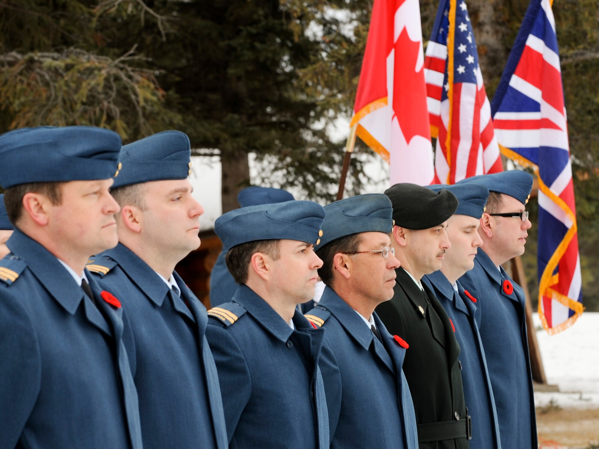 FORT RICHARDSON, Alaska -- Members of the Canadian Armed Forces stand in formation during the Veterans Day Memorial Ceremony at Fort Richardson National Cemetery Nov. 11. The ceremony hosted by the Canadian Forces represented all servicemembers who fought in America's past and present wars. (U.S. Air Force photo/Staff Sgt. Joshua Garcia)