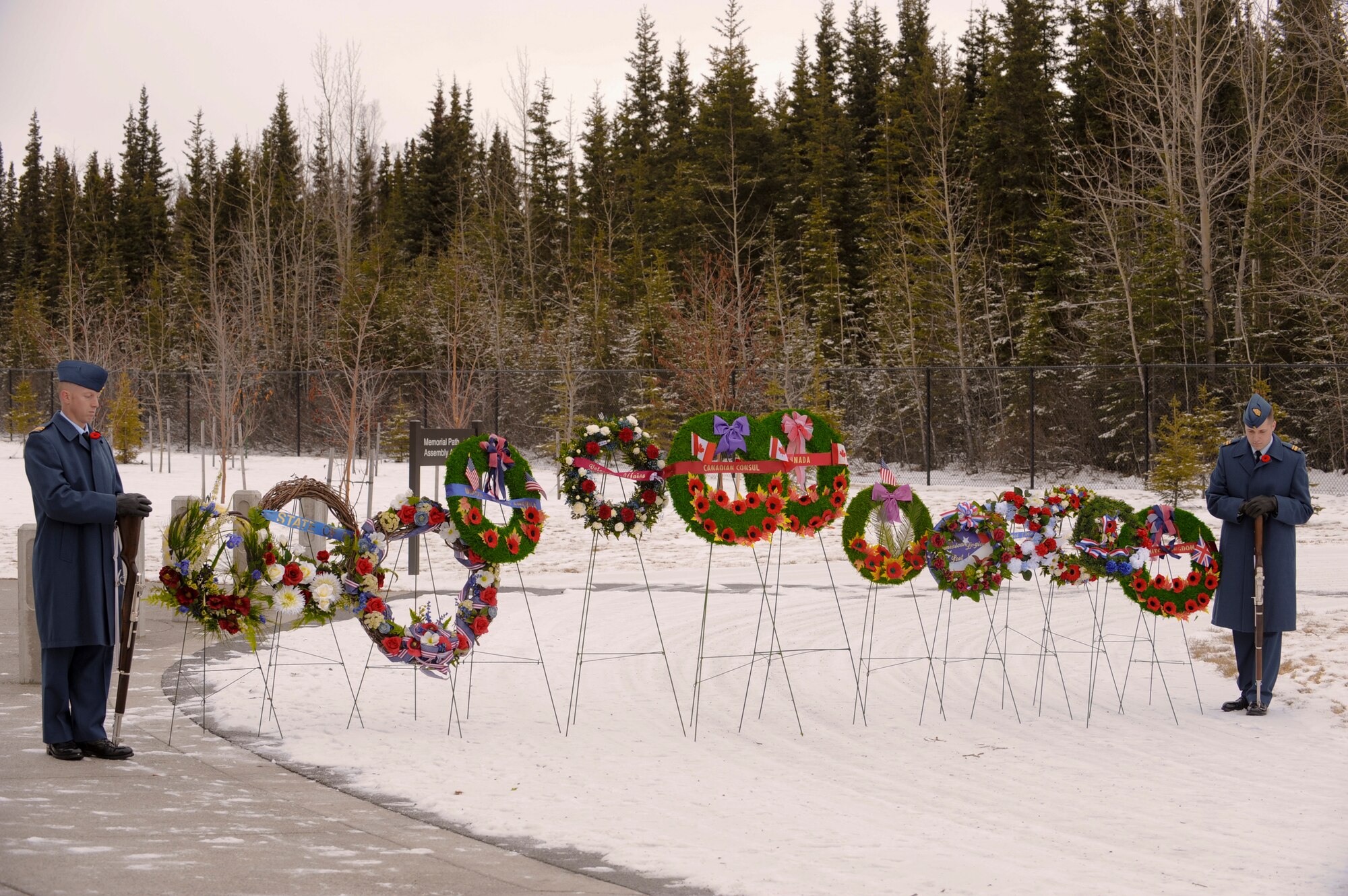 FORT RICHARDSON, Alaska -- Canadian Forces Capt. Mario Gregoire and Canadian Forces Lt. Sebastien Gangnon, 176th Air Control Squadron, stand guard of the commemoratory wreaths during the Veterans Day Memorial Ceremony at Fort Richardson National Cemetery Nov. 11. The ceremony incorporated all military services and was open to the public. (U.S. Air Force photo/Staff Sgt. Joshua Garcia)