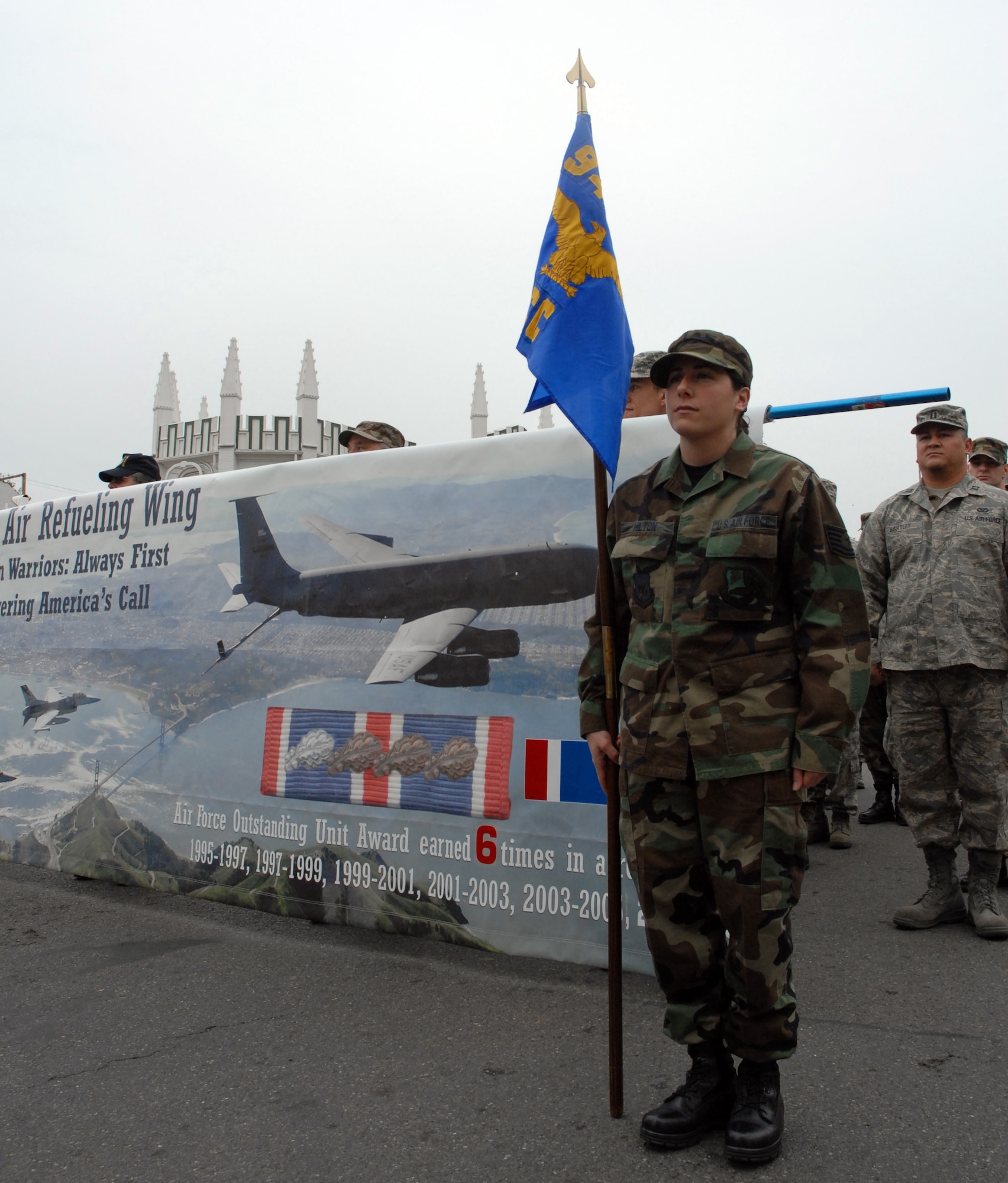MARYSVILLE, Calif. -- Air Force Reservist Tech. Sgt. Jennifer Hilton with the 13th Reconnaissance Squadron stands at attention preparing to march in the annual Marysville Veterans Day Parade. The town of Marysville is located approximately 10 miles east of Beale Air Force Base and hosts an annual Veterans Day parade to honor all who have served in the U.S. armed force. (U.S. Air Force Photo/ Tech. Sgt. Luke Johnson)