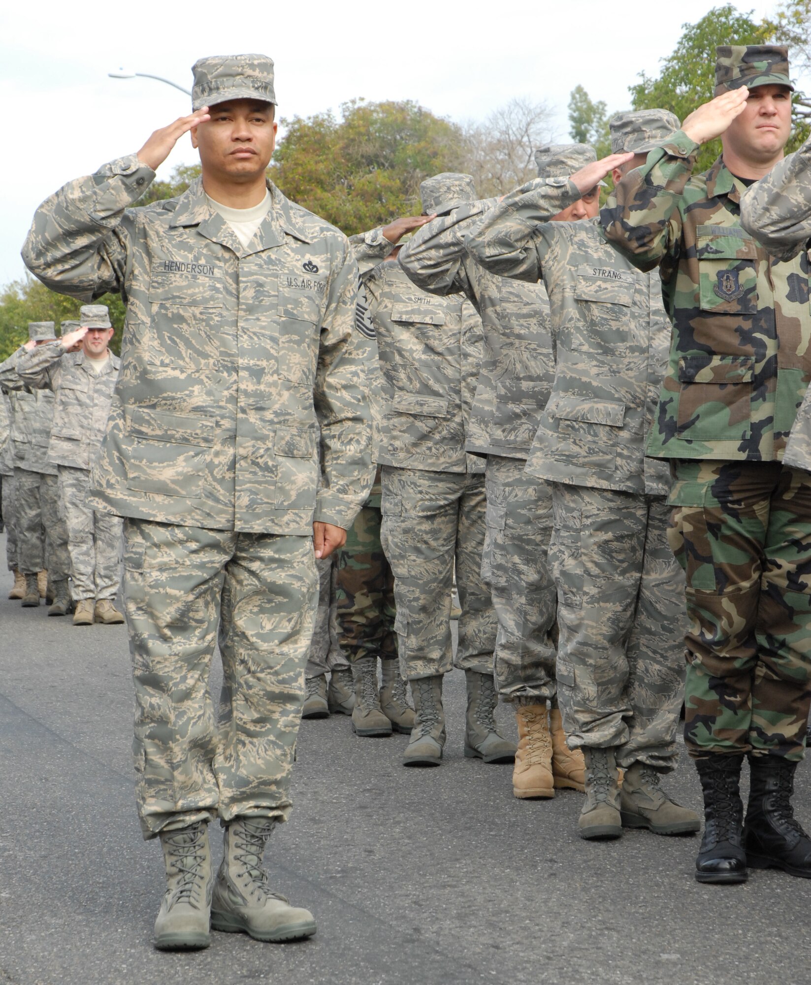 MARYSVILLE, Calif. -- The 940th Air Refueling Wing's Command Chief, Air Force Reservist Jason Henderson renders honors during the playing of the National Anthem prior to the start of the annual Marysville Veterans Day parade. A small group citizen warriors of the 940ARW marched in the annual Marysville Veterans Day parade, which paid tribute to all who have served in the U.S.  armed forces.  (U.S. Air Force Photo/ Tech. Sgt. Luke Johnson)
