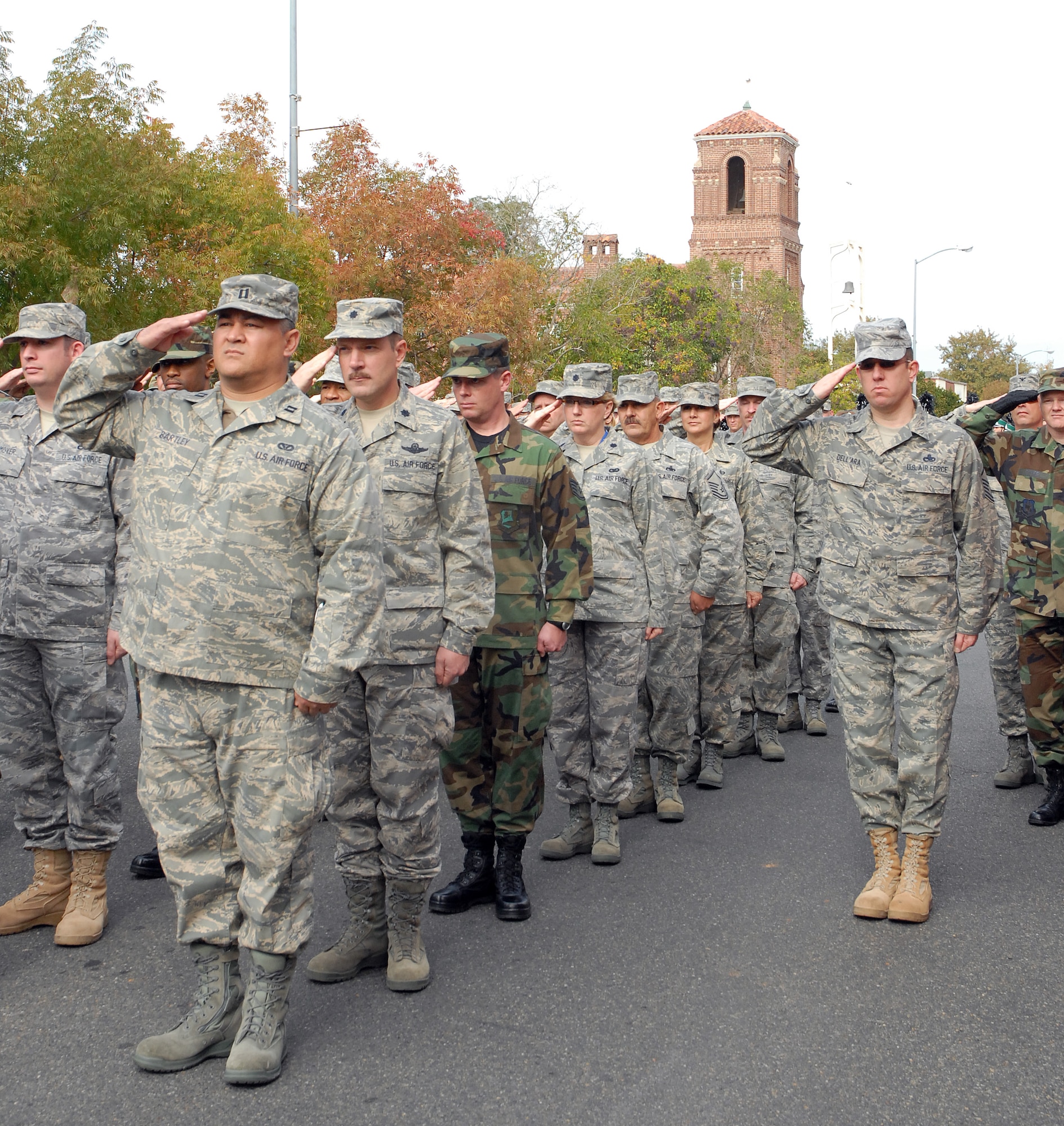 MARYSVILLE, Calif. -- Air Force Reservists from the 940th Air Refueling Wing render honors during the playing of the National Anthem prior to the start of the annual Marysville Veterans Day parade.  The town of Marysville is located approximately 10 miles east of Beale Air Force Base and hosts an annual Veterans Day paraded to honor all who have served in the U.S. armed forces. (U.S. Air Force Photo/ Tech. Sgt. Luke Johnson)