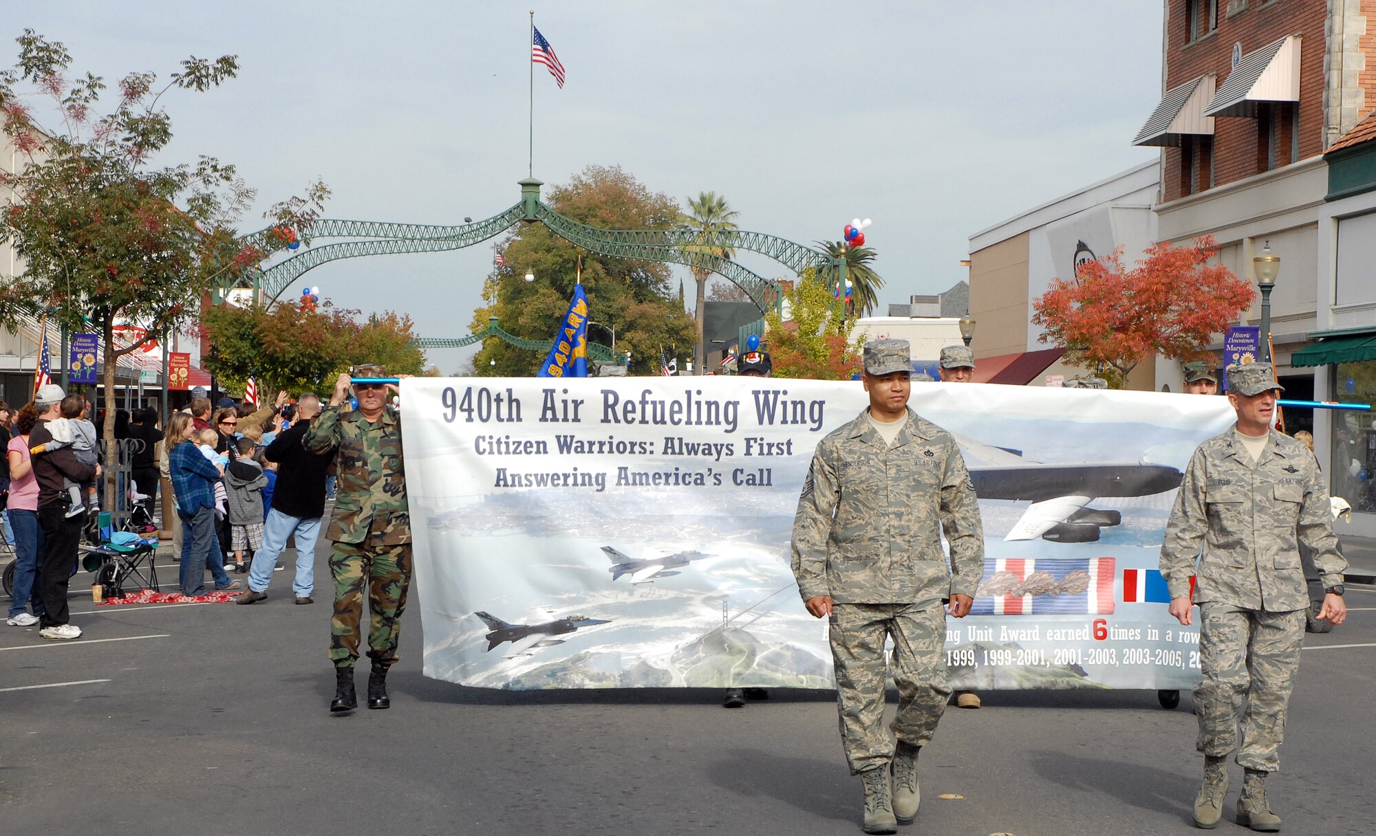MARYSVILLE, Calif. -- Air Force Reservists Col. Jonathan Ellis, 940th Operations Group Commander, and the 940th Air Refueling Wing Command Chief Jason Henderson walk ahead of the citizen warriors with 940th ARW during the annual Marysville Veterans Day Parade.  The town of Marysville is located approximately 10 miles east of Beale Air Force Base and hosts an annual Veterans Day parade to honor all who have served in the U.S. armed forces. (U.S. Air Force Photo/ Tech. Sgt. Luke Johnson)