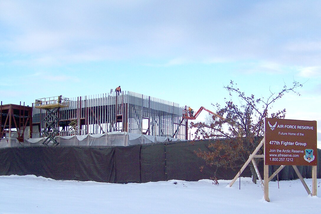 ELMENDORF AFB, Alaska -- Despite a fresh coat of snow, construction continued on November 12 for the future home of the 477th Fighter Group Training Headquarters located at Elmendorf Air Force Base, Alaska. The building is expected to be complete in September 2009. The 477th Fighter Group is a Classic Associate unit responsible for recruiting, training, developing and retaining Citizen Airmen to support 3rd Wing and Expeditionary Air Force mission requirements. (U.S. Air Force Photo by SSgt Rhiannon Willard)