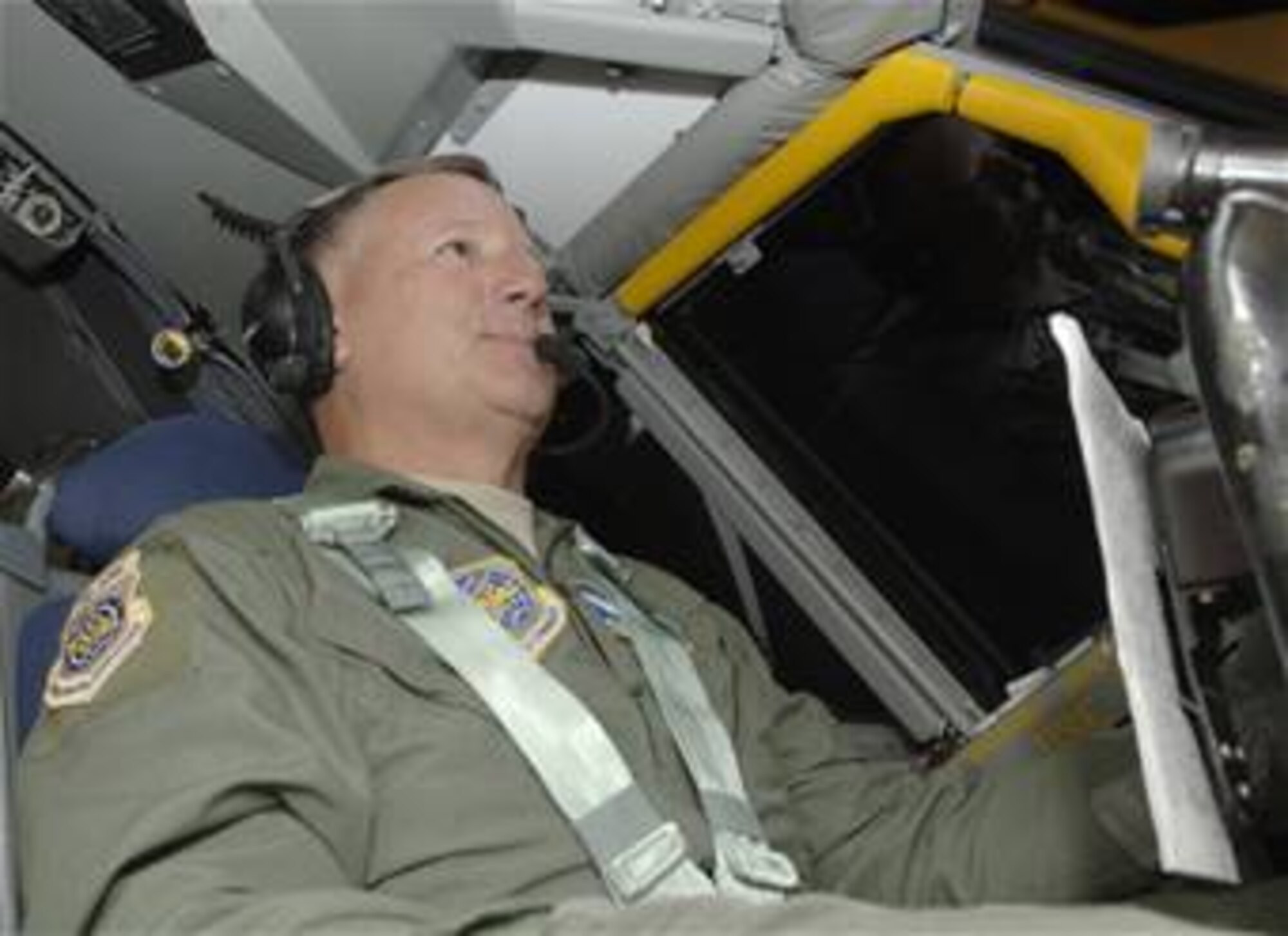 MCCONNELL AIR FORCE BASE, Kan. – Maj. Gen. Frederick Roggero, director of Air, Space and Information Operations, Headquarters Air Mobility Command, Scott Air Force Base, Ill., practices for his annual flight evaluation Aug. 26 in a KC-135 simulator at the McConnell Aircrew Training Facility. McConnell is the only base Air Force-wide to have three KC-135 simulators. (Photo by Senior Airman Roy Lynch III) 