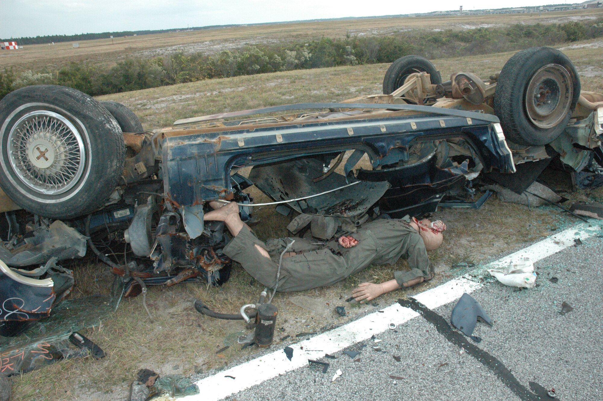 The exercise included multiple injured vicitms during a simulated car accident Wednesday at Tyndall Air Force Base.  (U.S. Air Force photo by Airman 1st Class Anthony J. Hyatt)