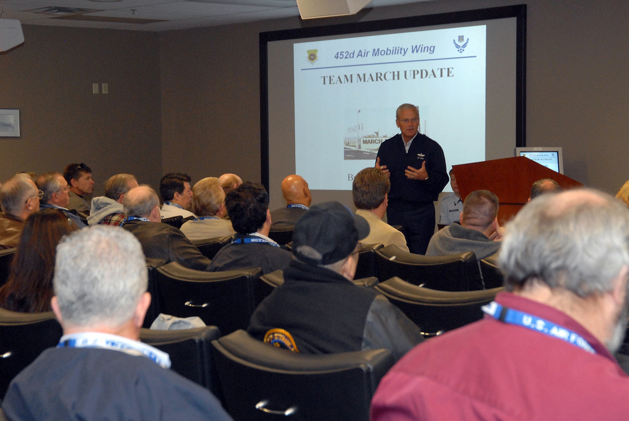Brig. Gen. James Melin, 452nd Air Mobility Wing commander at March Air Reserve Base, Calif., briefs civic leaders including local mayors before flying on a C-17 Globemaster III orientation flight Nov. 10 as part of Air Force Week-Los Angeles activities.   (U.S. Air Force photo/Joe Juarez)
