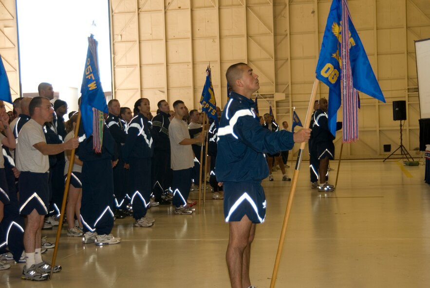 Team Tyndall gathers in Hangar 2 following a wing fun run for a Commander’s Call here Monday.  (U.S. Air Force photo by Susan Trahan)