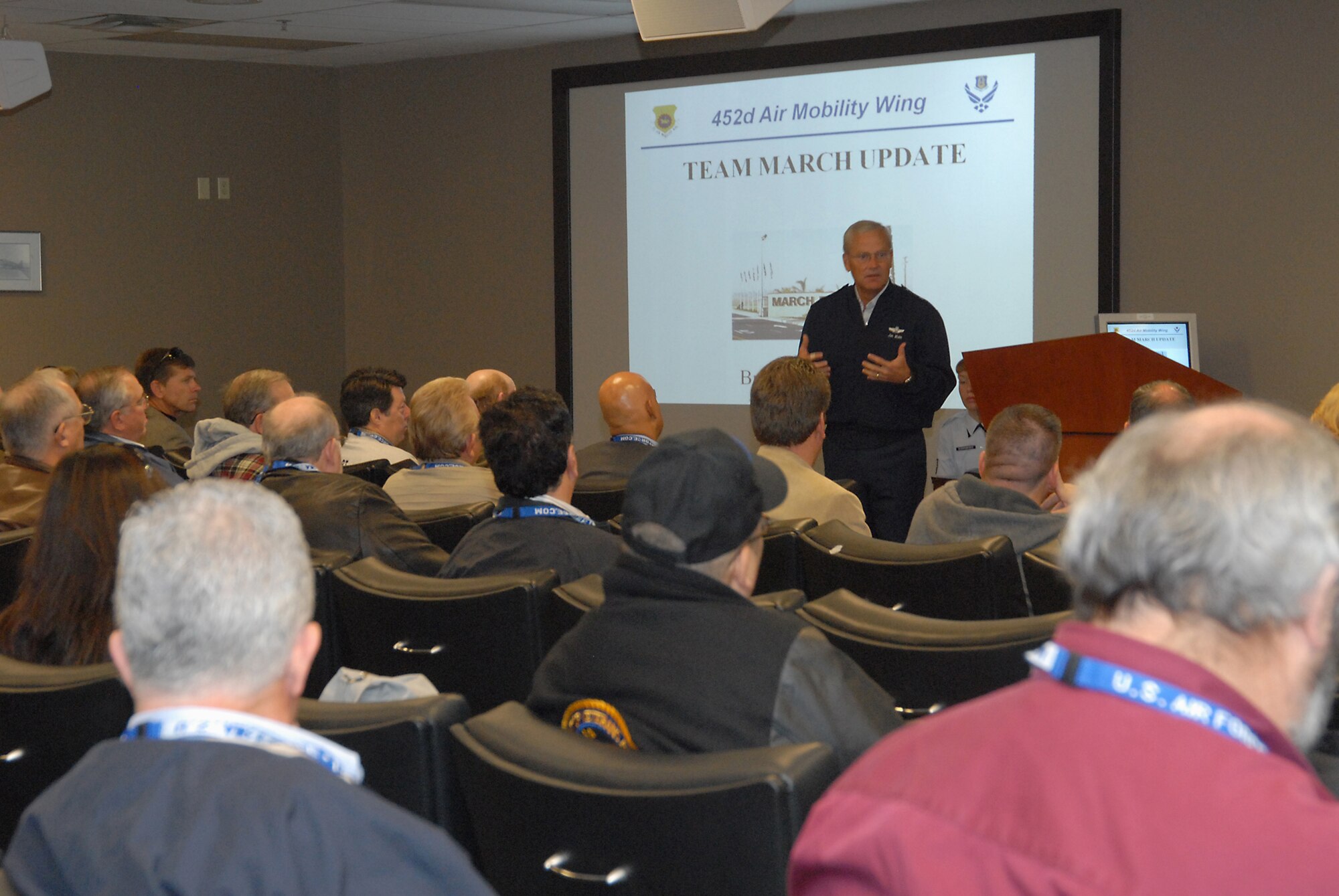 Brig. Gen. James Melin, 452nd Air Mobility Wing commander, briefs local mayors and other civic leaders prior to flying on a C-17 orientation flight from March ARB. The flight was held as part of events leading up to Air Force Week. (Photo by Joe Juarez)