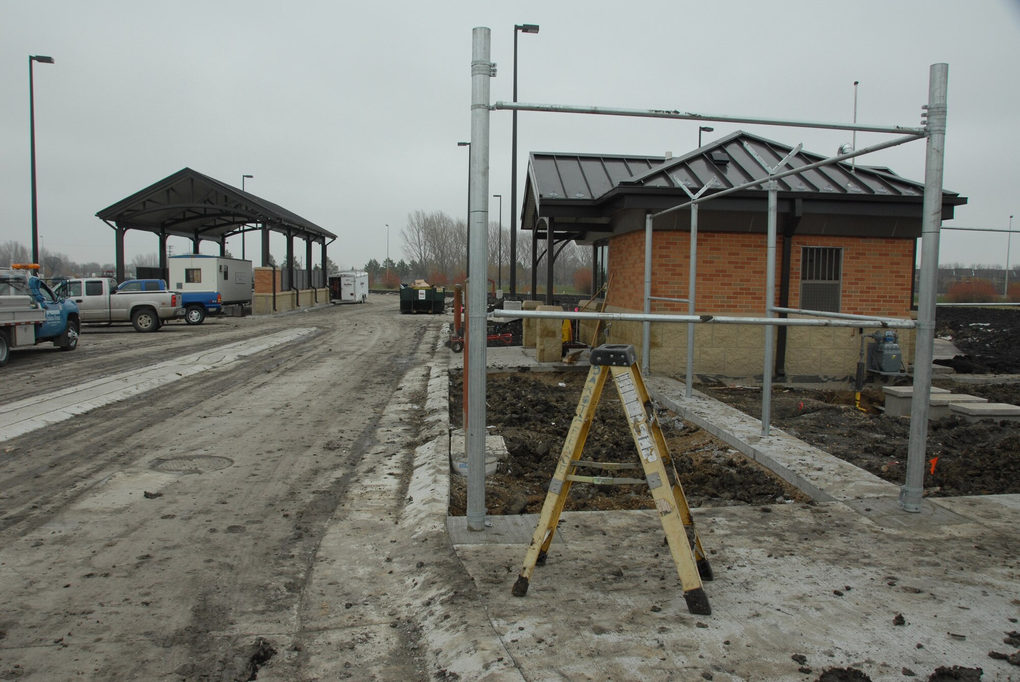 Construction at the new entrance to the North Dakota Air National Guard, which is being built on the north side of the base off of 32nd Avenue North in Fargo.  The new entrance will have a designated shelter area to inspect vehicles entering the base.
