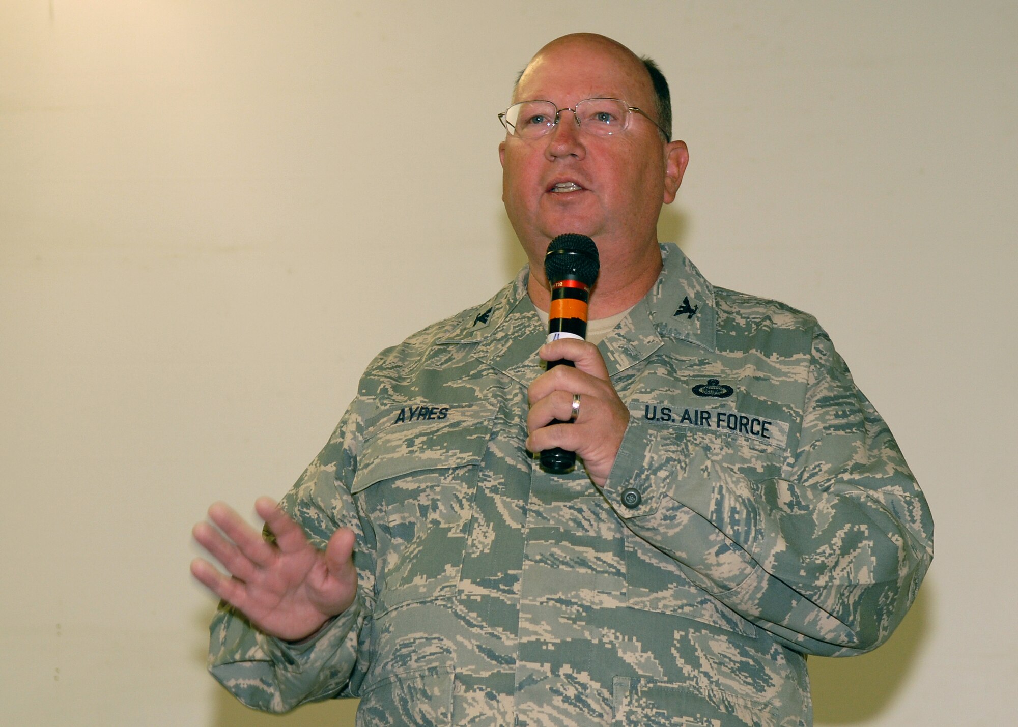 Colonel Richard Ayers, 17th Training Wing commander, addresses the crowd at the annual H-E-B Feast of Sharing at the Wells Fargo Pavilion in San Angelo on Nov. 9. (U.S. Air Force photo by Senior Airman Kasabyan Musal).