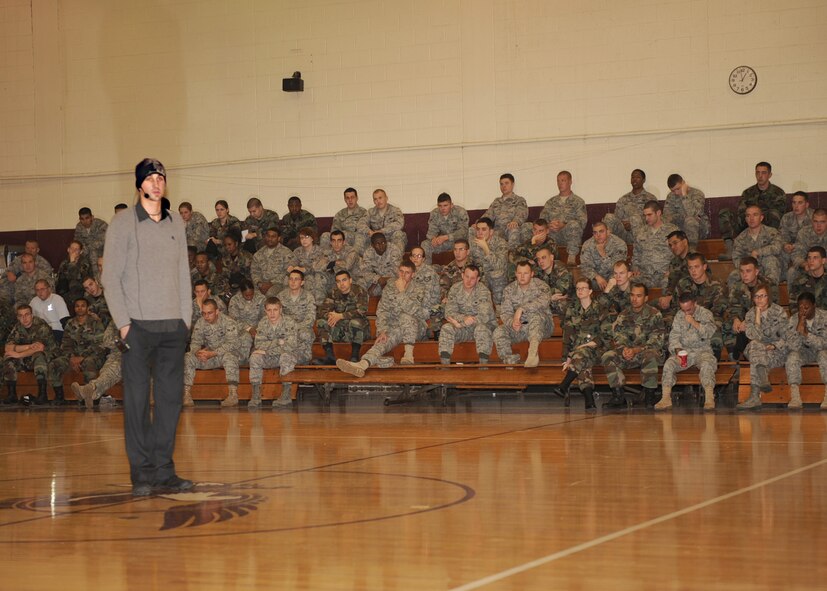 Members of the 4th Fighter Wing listen as Chris Geysbeck, manager of the Save-a-Life tour, tells the effects of driving under the influence of alcohol at Seymour Johnson Air Force Base, N.C., Nov. 10. The tour is being held to promote drunk driving awareness and prevention. (U.S. Air Force photo by Airman 1st Class Ciara Wymbs)