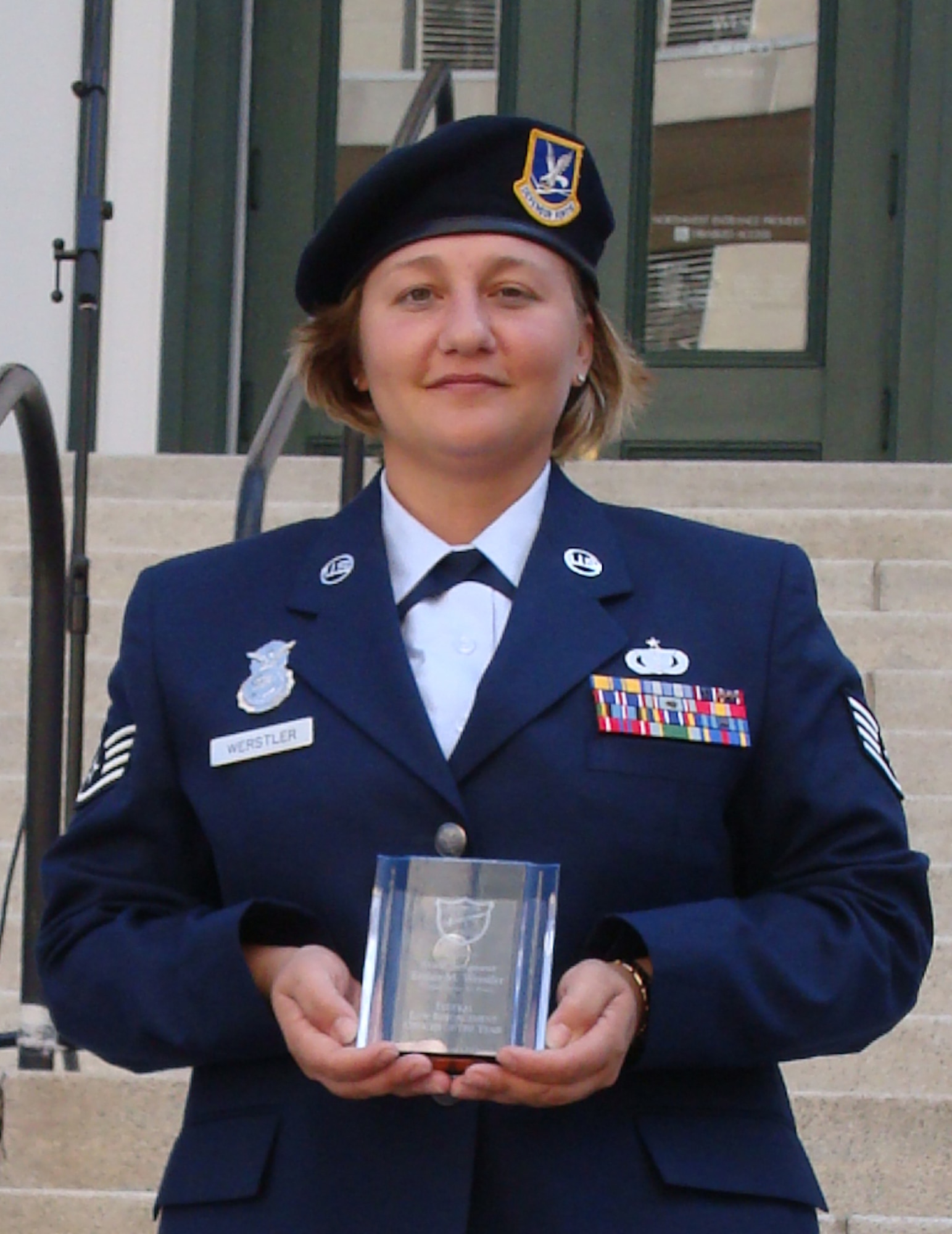 HURLBURT FIELD, Fla. -- Staff Sgt. Esther Werstler, 1st Special Operations Security Forces Squadron, was presented the 2007-2008 Florida Missing Children's Day State/Federal Officer of the Year award, during a ceremony in Tallahassee Oct. 27. Sergeant Werstler developed and implemented both the Amber Alert and Missing/Abducted Child Alert child protection protocols used throughout Hurlburt Field. (U.S. Air Force courtesy photo)                                