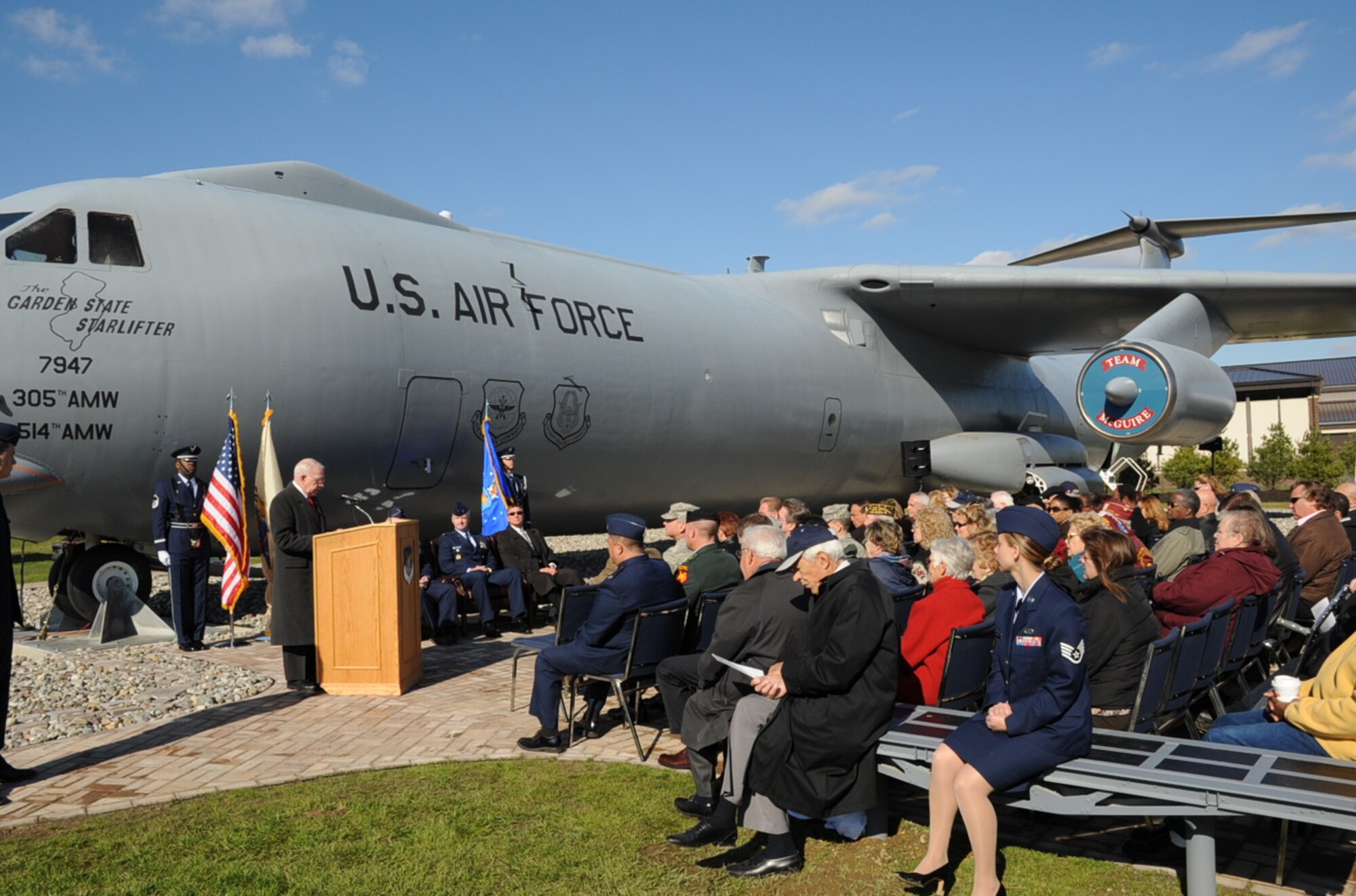 Congressman Jim Saxton, 3rd District at Mount Holly, N.J., pays tribute to the Starlifter C-141 and the Airmen who served on the aircraft during a Veterans Day ceremony at McGuire Nov. 11. The ceremony also served to dedicate the opening of Starlifter Memorial Park, sponsored in part by the Maj. Tommy B. McGuire Foundation. (U.S. Air Force photo/Capt. Darrick Lee)  