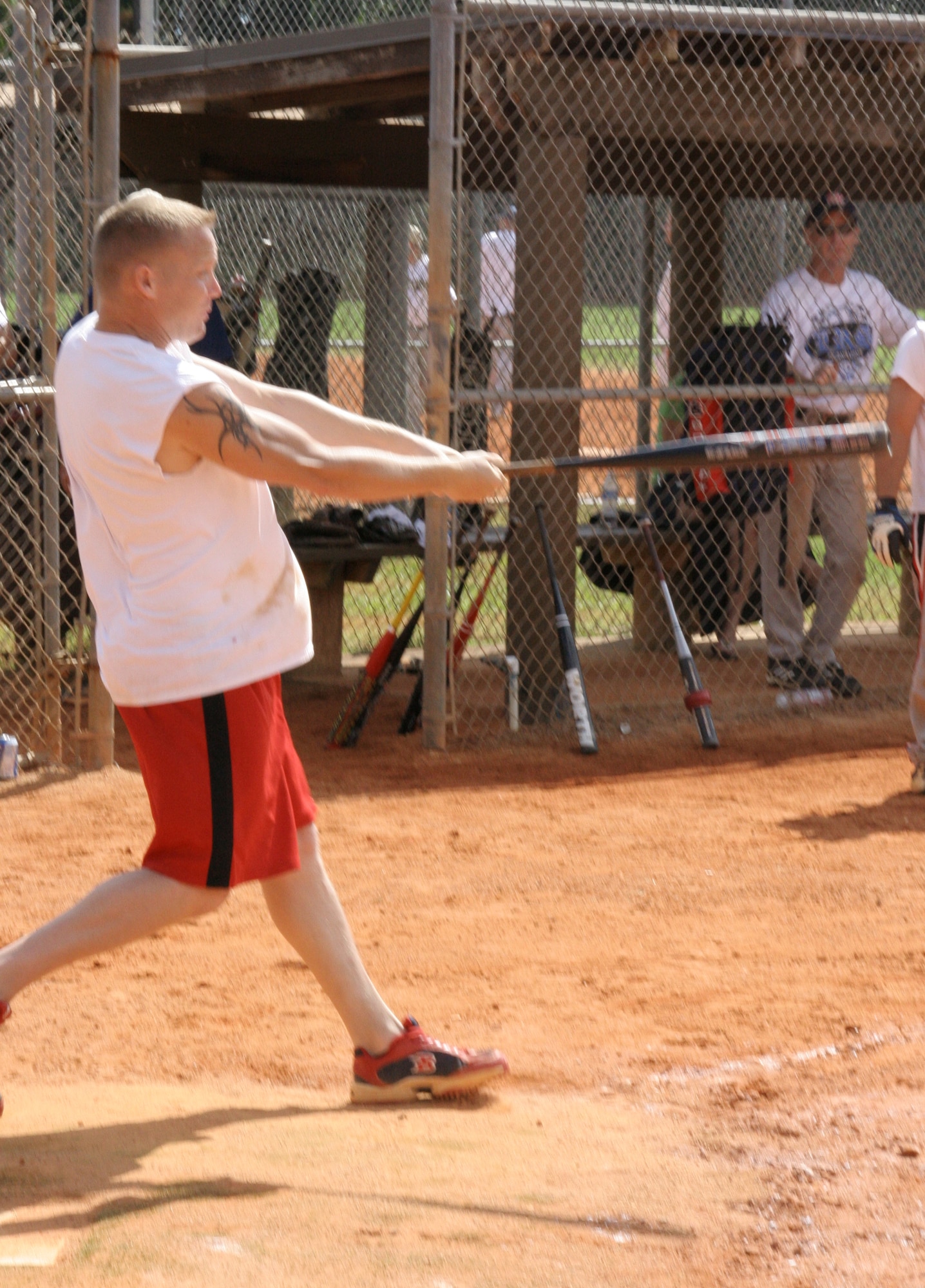 HURLBURT FIELD, Fla. -- Randall "Howie" Howard hits a home run and was named most valuable player in the 2008 Logistics Readiness Squadron Softball Tournament, Oct. 13. Howard earned the title by leading the Hurlburt team in home runs and playing outstanding defense. The 1st Special Operations Logistics Readiness Squadron A team led the way as they captured the 2008 LRS Softball Tournament title.  Seven teams, from Scott Air Force Base, Ill., Shaw AFB, S.C., and MacDill AFB, Fla., participated in the double elimination bracket tournament. (U.S. Air Force courtesy photo)