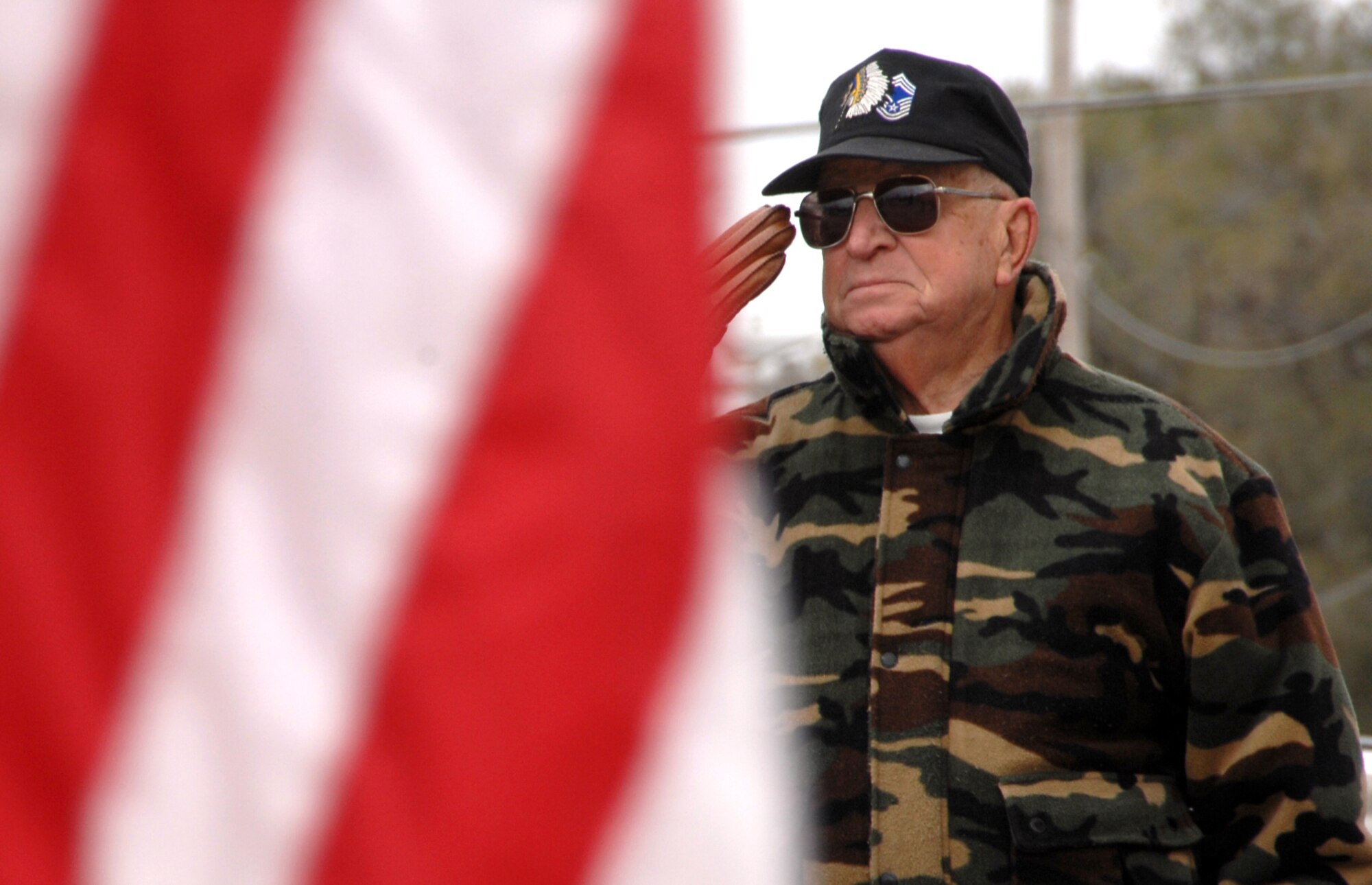 OFFUTT AIR FORCE BASE, Neb. - Retired Chief Master Sgt. and Bellevue, Neb., resident Bill Kanellis, salutes the American Flag as is passes along Mission Avenue as part of the 8th annual Veterans Day Parade, held Nov. 8.  More than 400 Offutt members marched in the parade representing U.S. Stratcom, 55th Wing, Air Force Weather Agency and several other units.

U.S. Air Force Photo by Josh Plueger